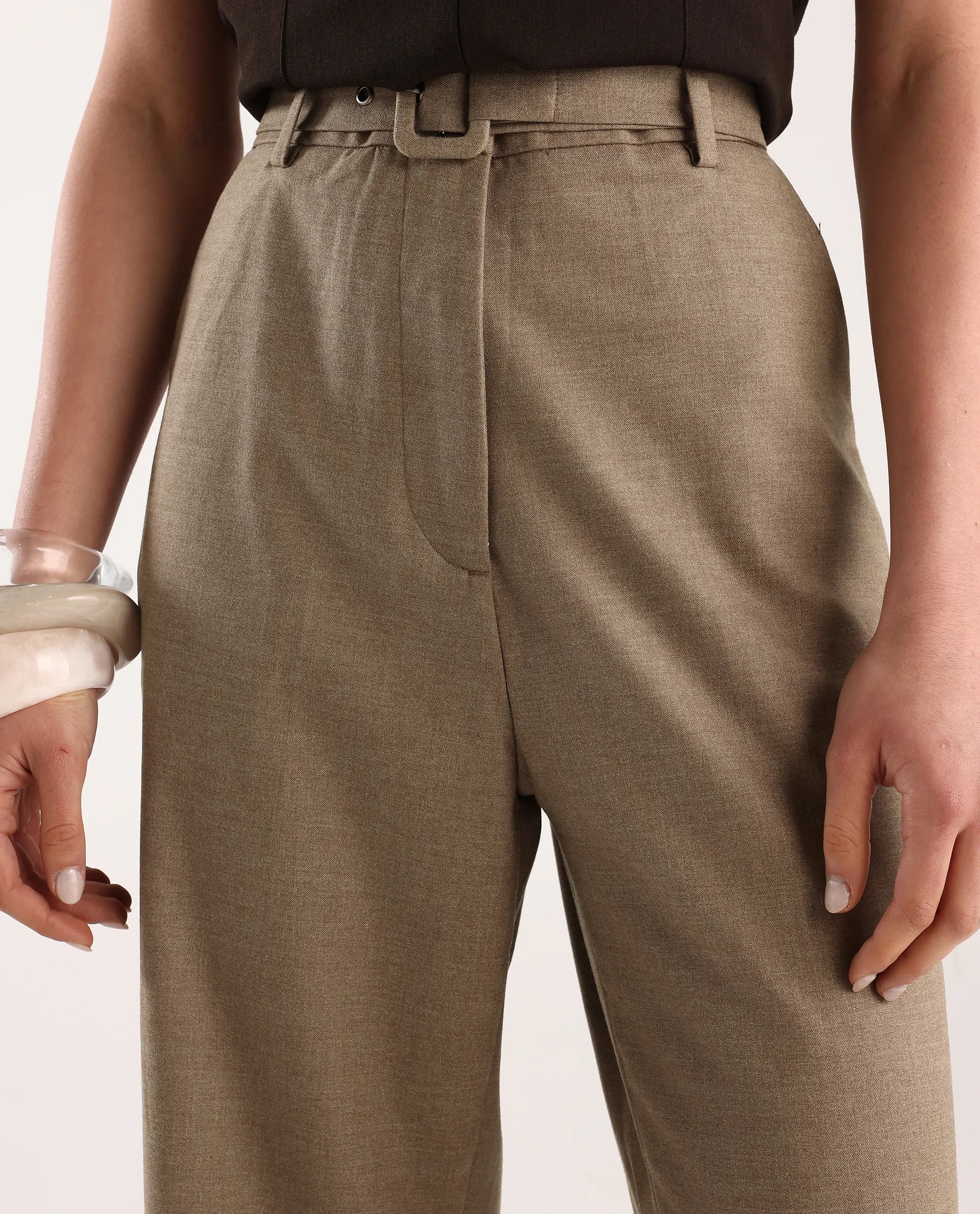 Rareism Women's Mals Beige Polyester Blend Plain Ankle Length Tapered Trouser