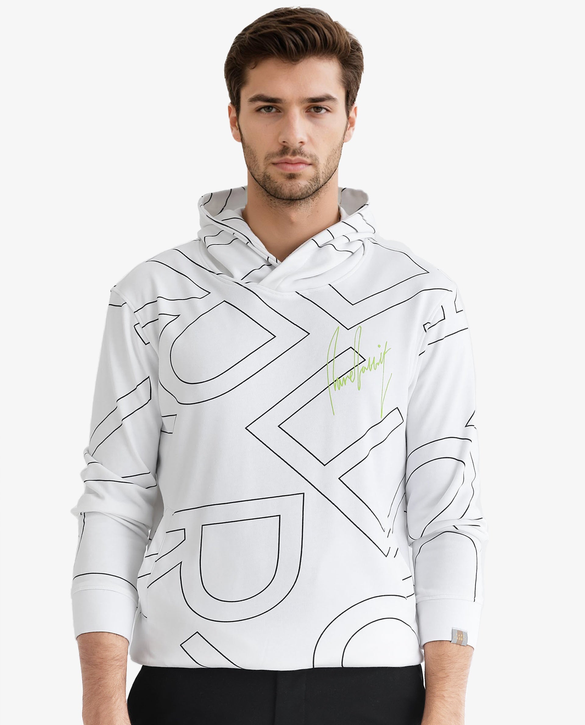 Rare Rabbit Mens Mamoth White Sweatshirt Cotton Polyester Terry Fabric Hooded Neck Knitted Full Sleeves Comfortable Fit