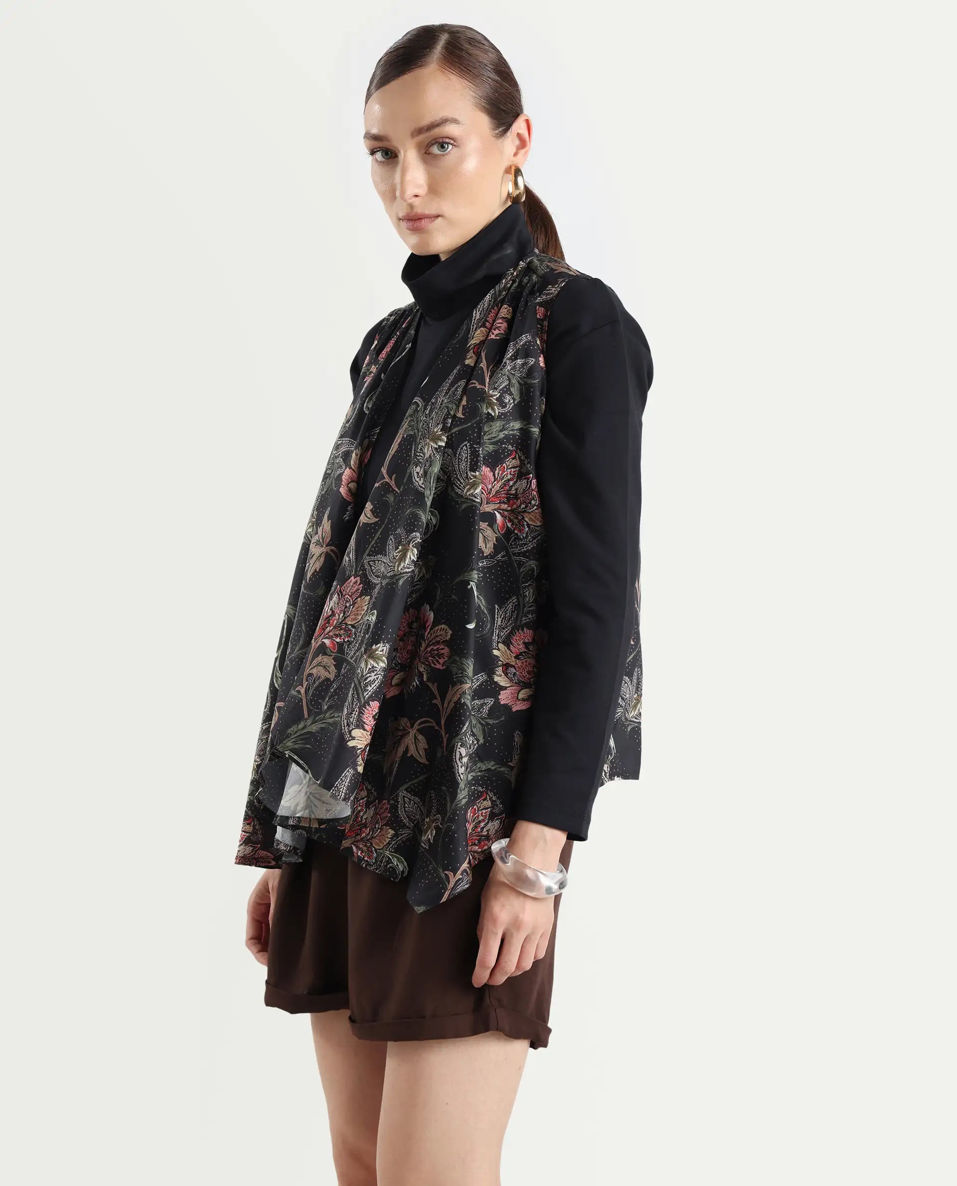 Rareism Women's Manam Multi Polyester Blend Collarless Tropical Print Sleeveless Relaxed Fit Shrug