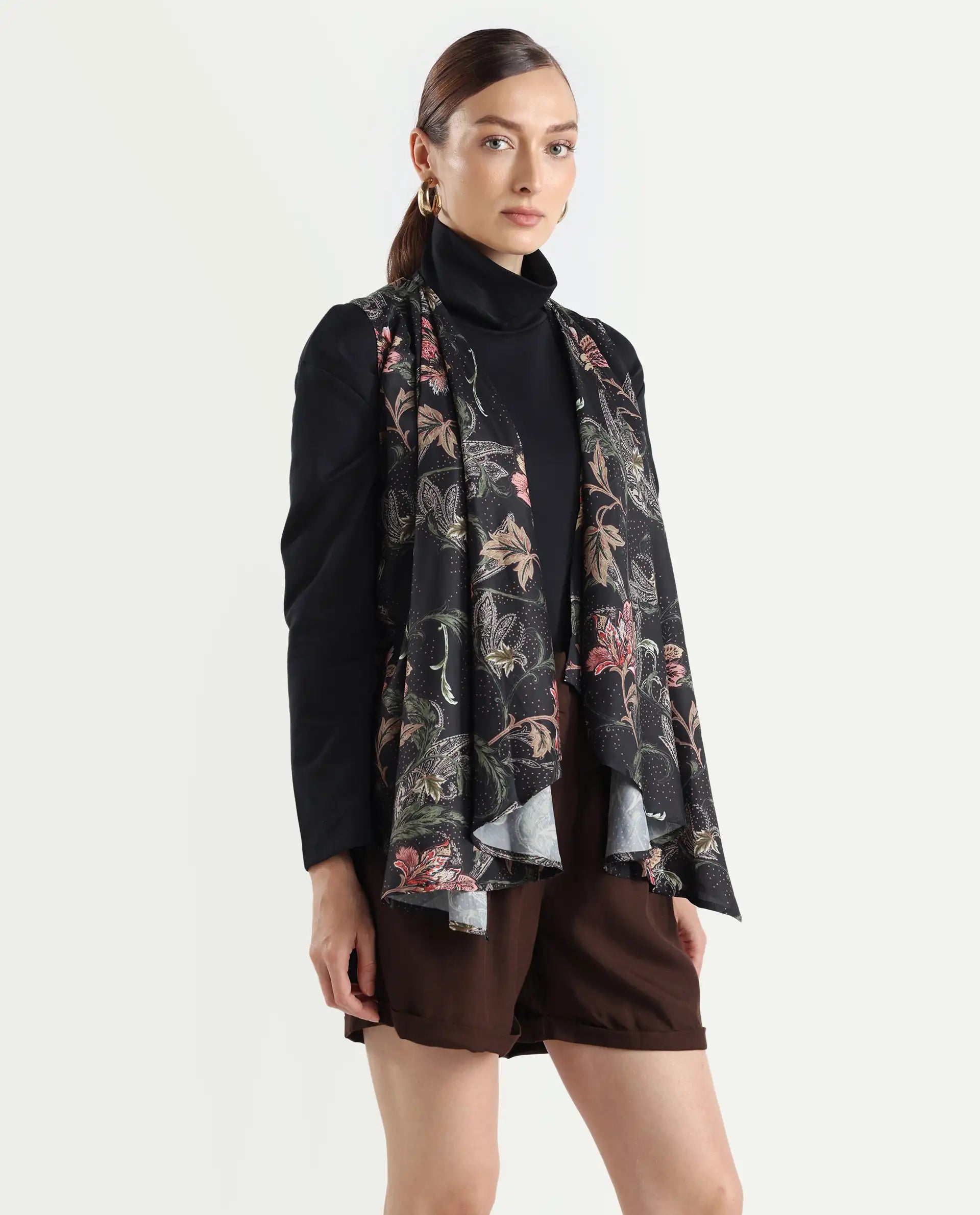 Rareism Women's Manam Multi Polyester Blend Collarless Tropical Print Sleeveless Relaxed Fit Shrug