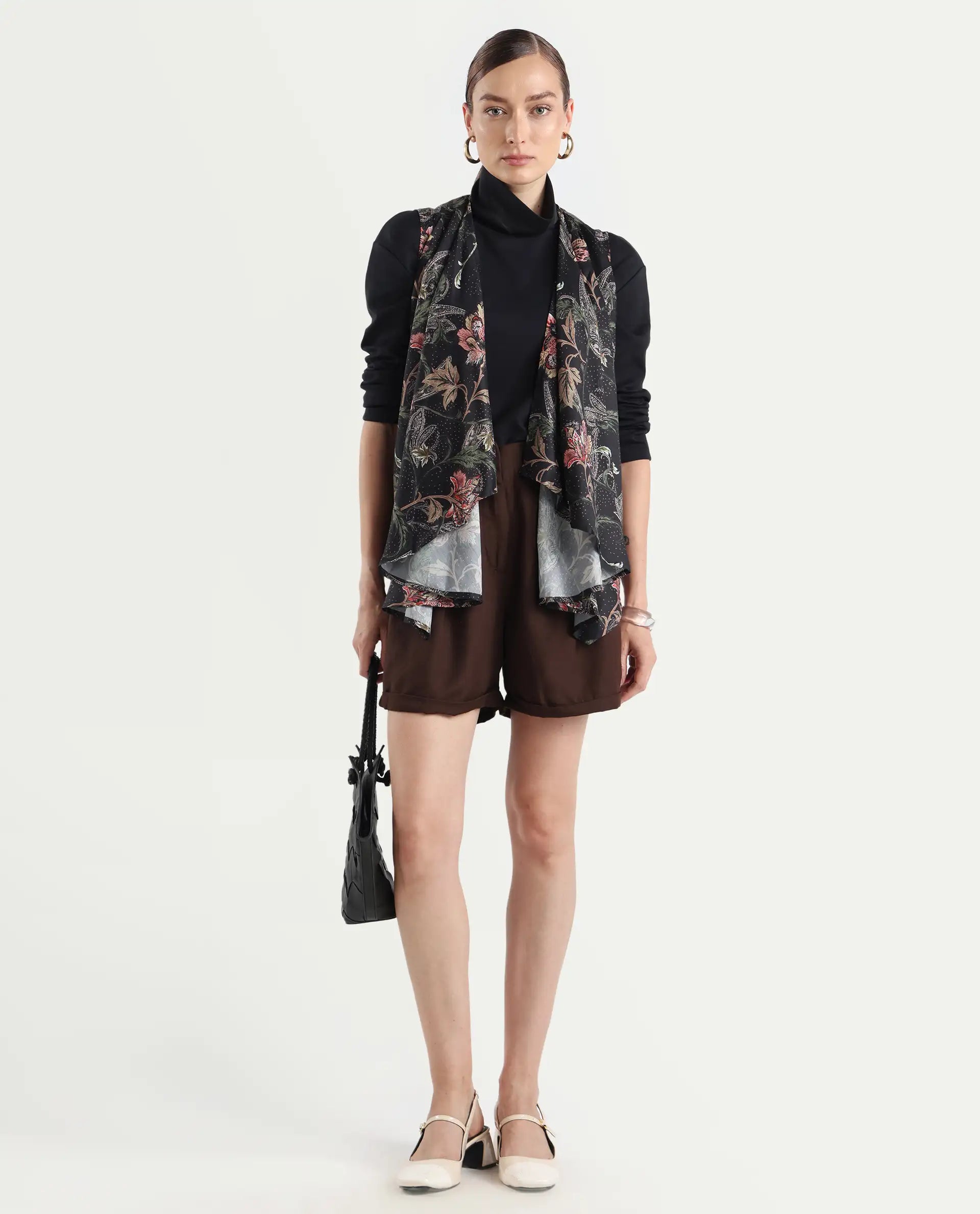 Rareism Women's Manam Multi Polyester Blend Collarless Tropical Print Sleeveless Relaxed Fit Shrug