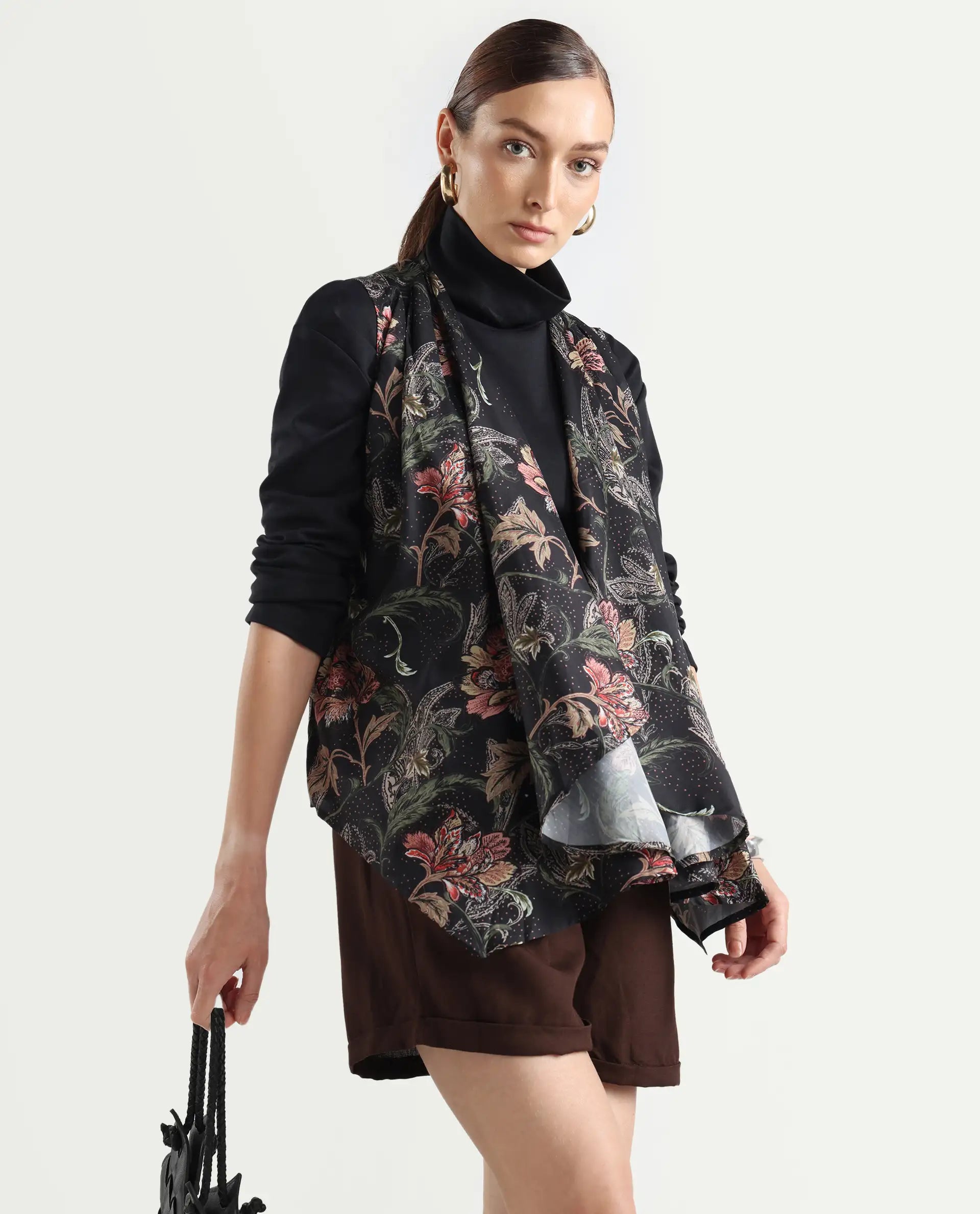 Rareism Women's Manam Multi Polyester Blend Collarless Tropical Print Sleeveless Relaxed Fit Shrug