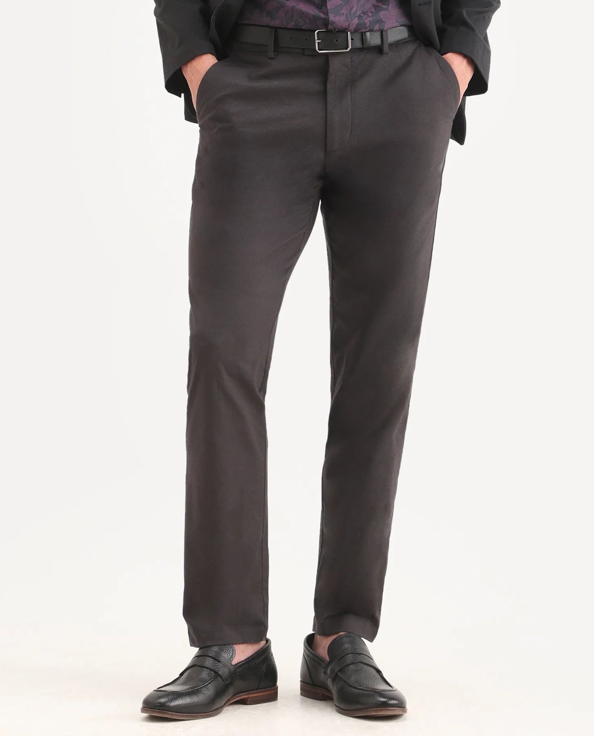 Rare Rabbit Men's Mang Dark Grey Polyester Blend Fabric Regular Fit Plain Trouser