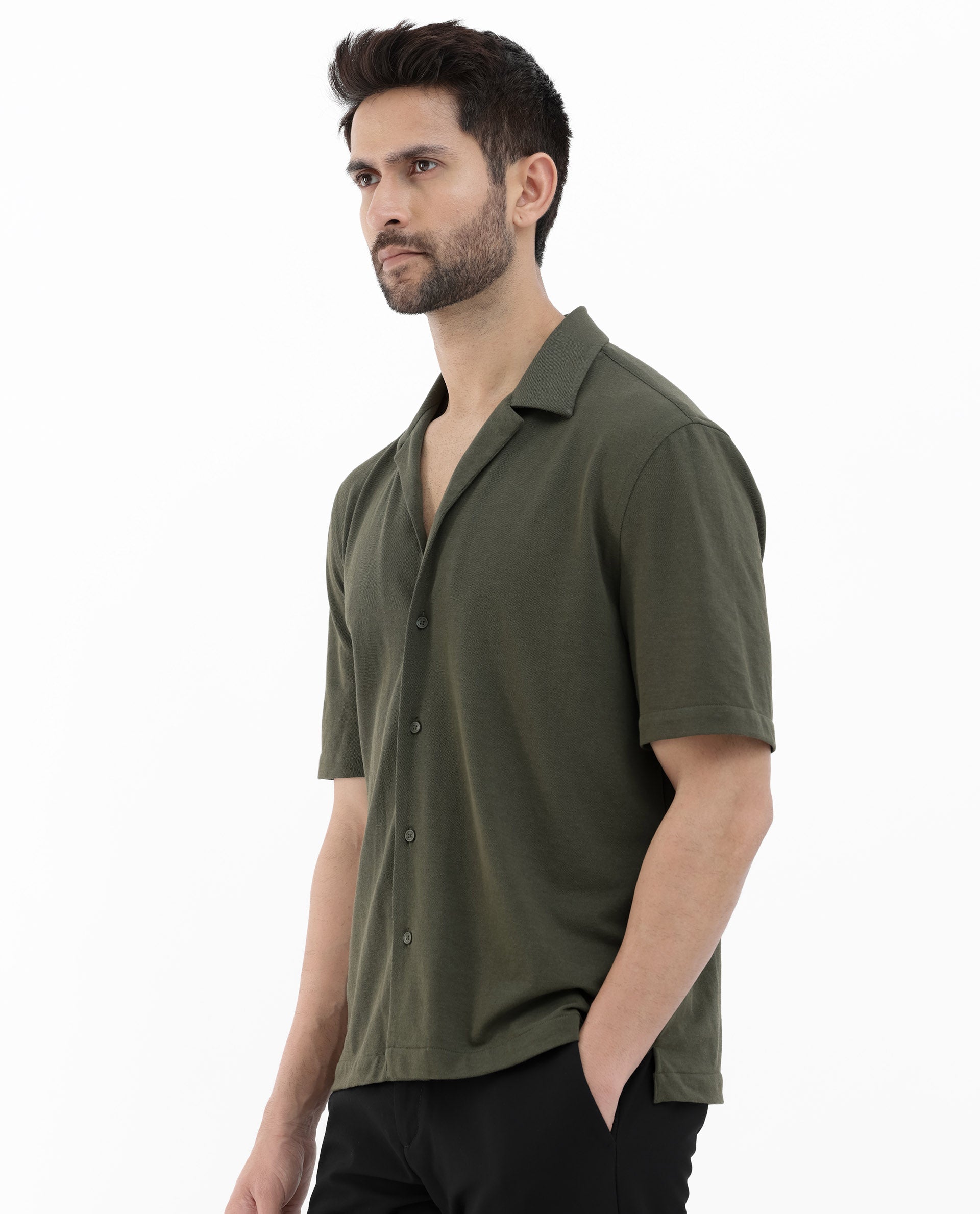 Rare Rabbit Men's Manga Olive Cotton Polyester Fabric Blend Cuban Collar Half Sleeves Boxy Fit Solid Knitted Shirt