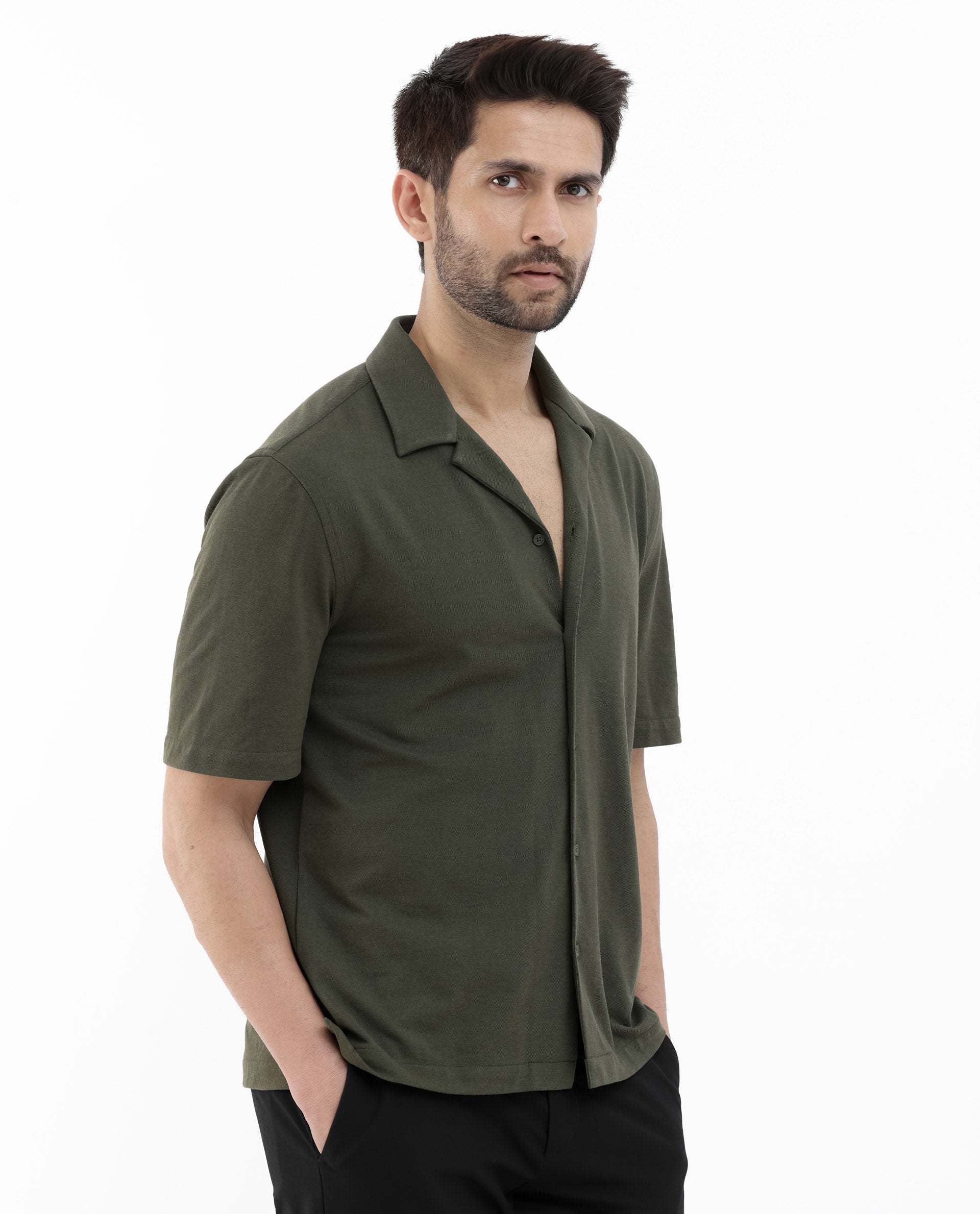 Rare Rabbit Men's Manga Olive Cotton Polyester Fabric Blend Cuban Collar Half Sleeves Boxy Fit Solid Knitted Shirt