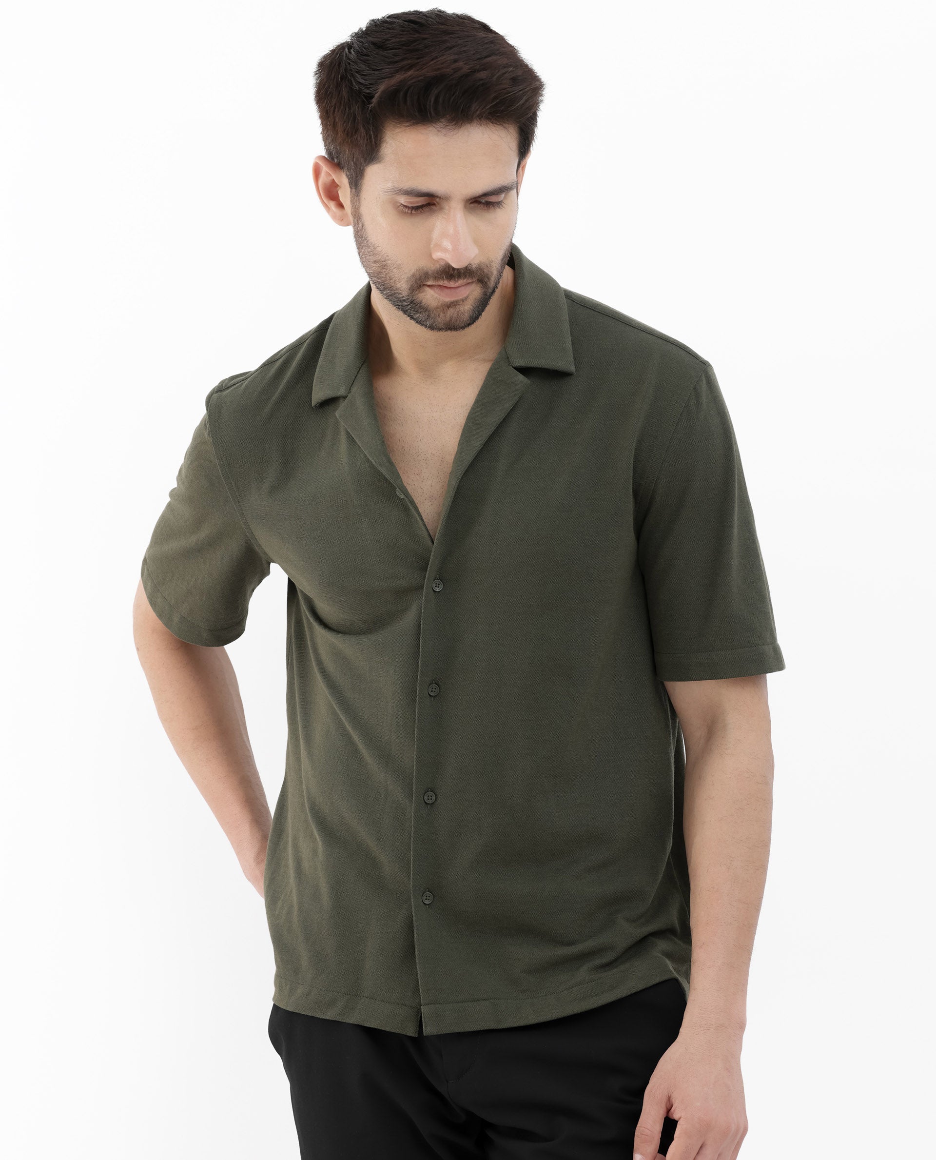 Rare Rabbit Men's Manga Olive Cotton Polyester Fabric Blend Cuban Collar Half Sleeves Boxy Fit Solid Knitted Shirt