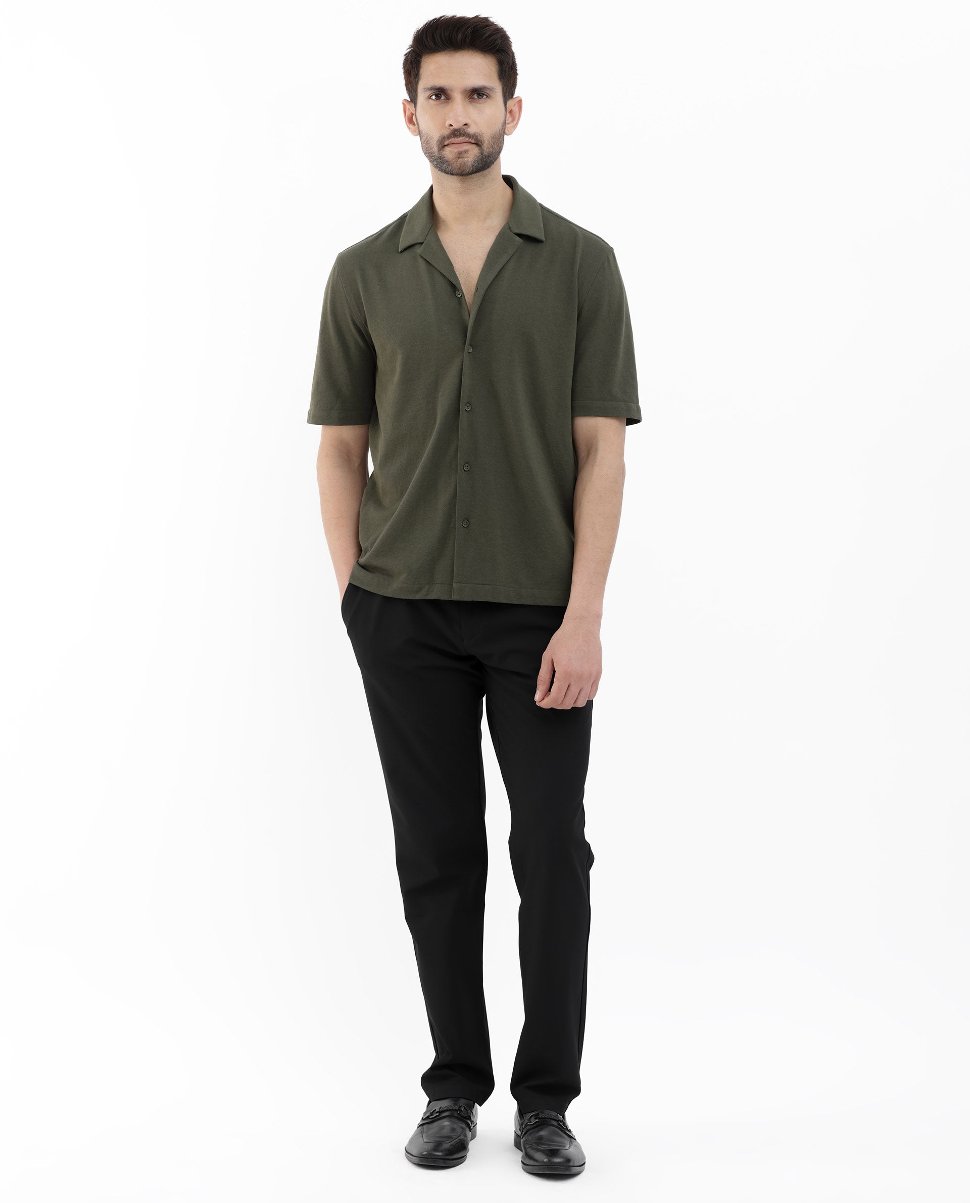 Rare Rabbit Men's Manga Olive Cotton Polyester Fabric Blend Cuban Collar Half Sleeves Boxy Fit Solid Knitted Shirt