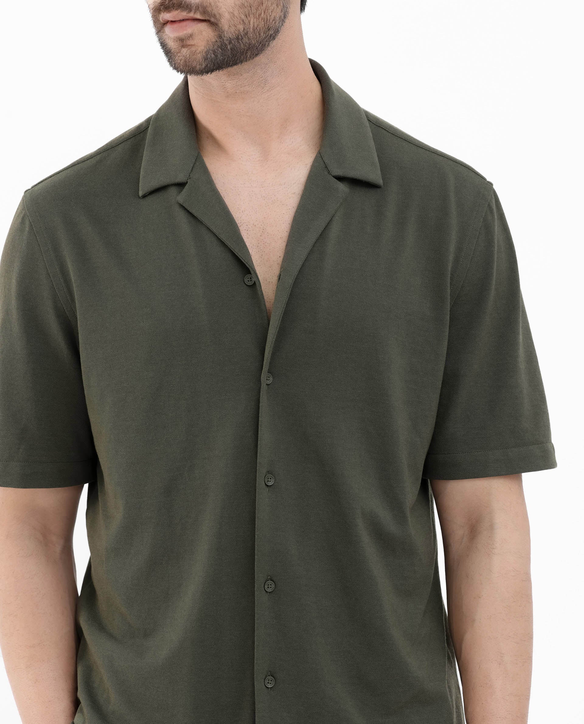 Rare Rabbit Men's Manga Olive Cotton Polyester Fabric Blend Cuban Collar Half Sleeves Boxy Fit Solid Knitted Shirt