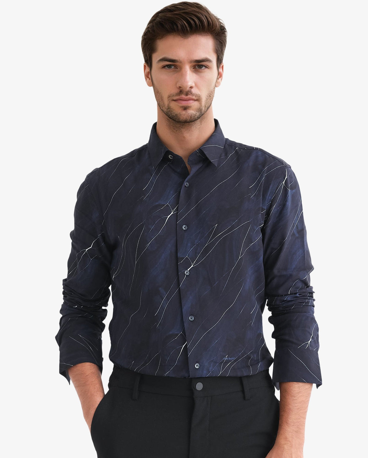 Rare Rabbit Men's Mans Navy Cotton Viscose Fabric Full Sleeves Abstract Print Shirt