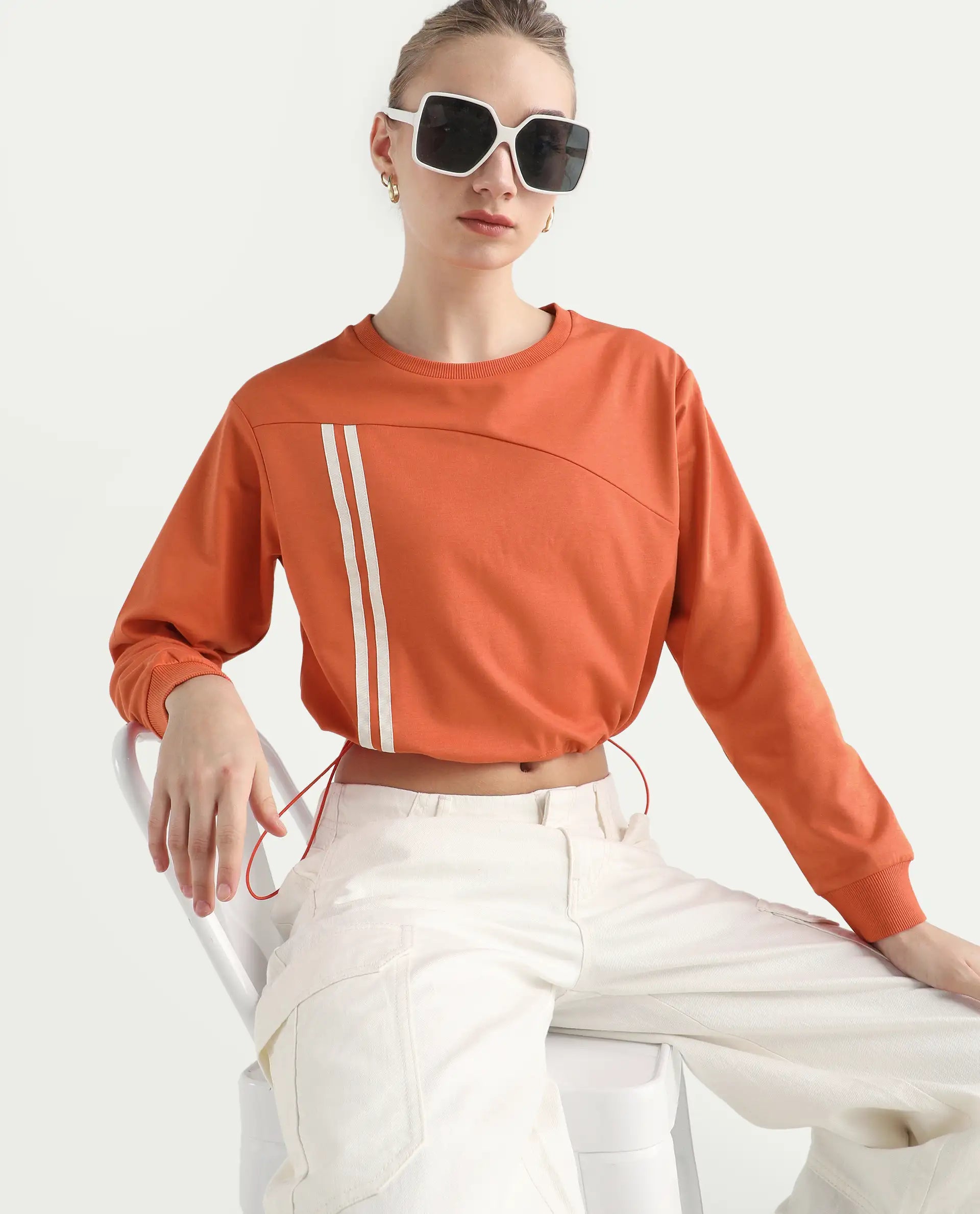 Rareism Women's Maple Dark Orange Cotton Blend Crew Neck Plain Crop Relaxed Fit Sweatshirt