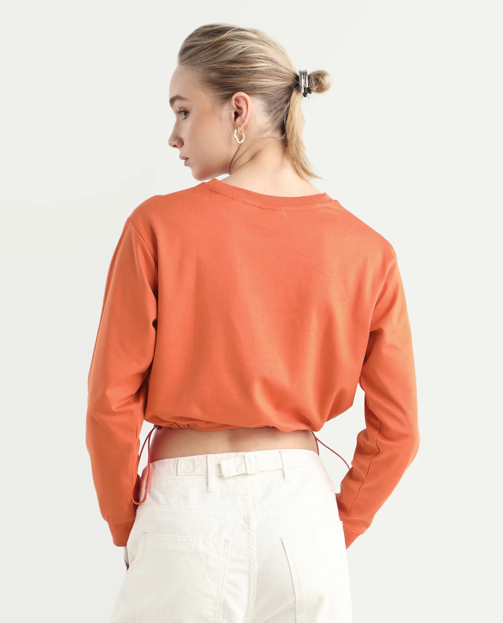 Rareism Women's Maple Dark Orange Cotton Blend Crew Neck Plain Crop Relaxed Fit Sweatshirt