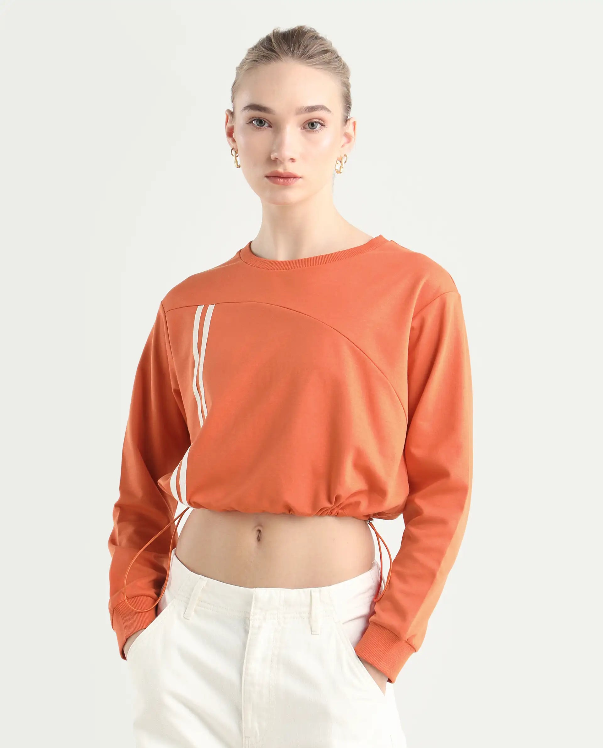 Rareism Women's Maple Dark Orange Cotton Blend Crew Neck Plain Crop Relaxed Fit Sweatshirt