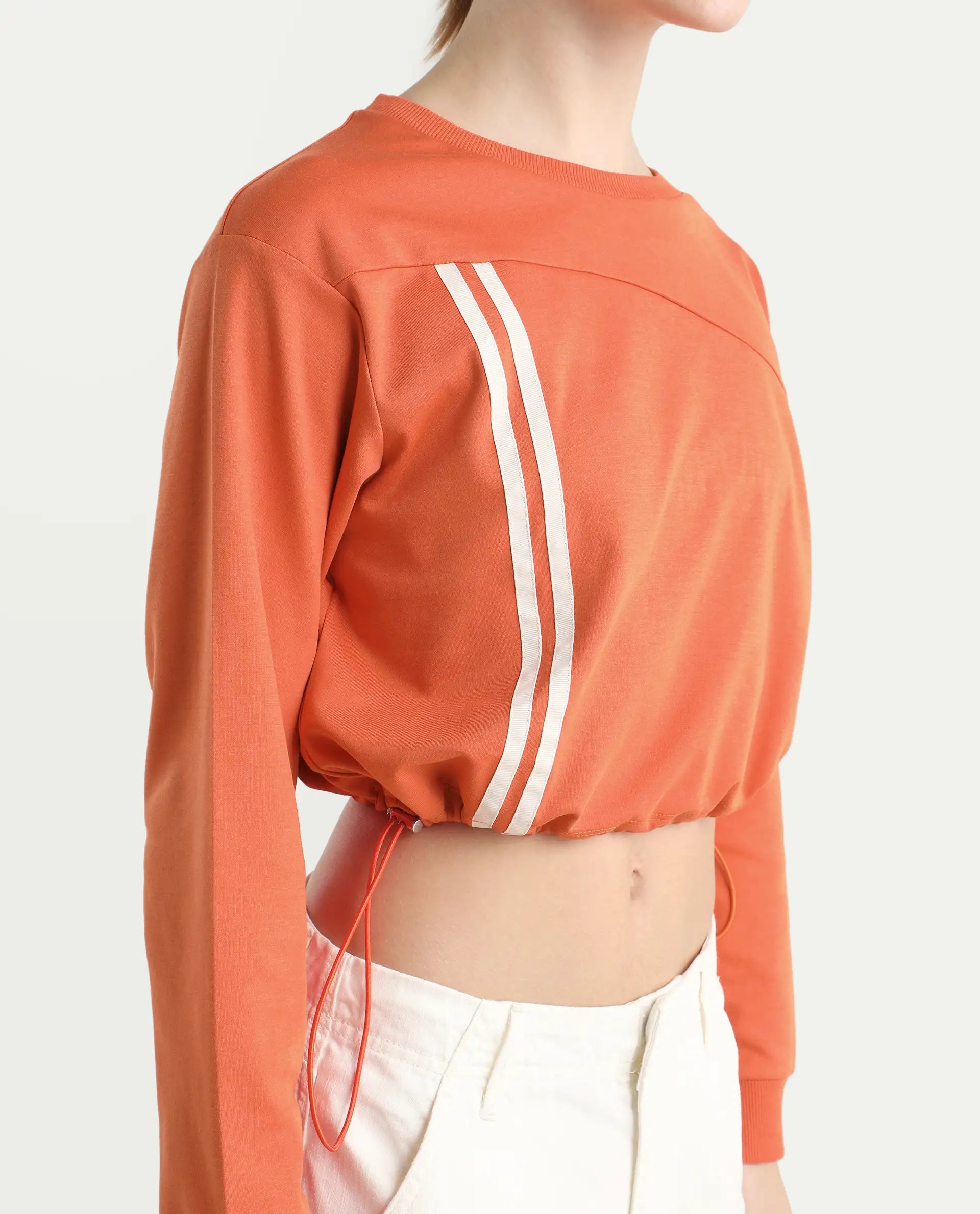 Rareism Women's Maple Dark Orange Cotton Blend Crew Neck Plain Crop Relaxed Fit Sweatshirt