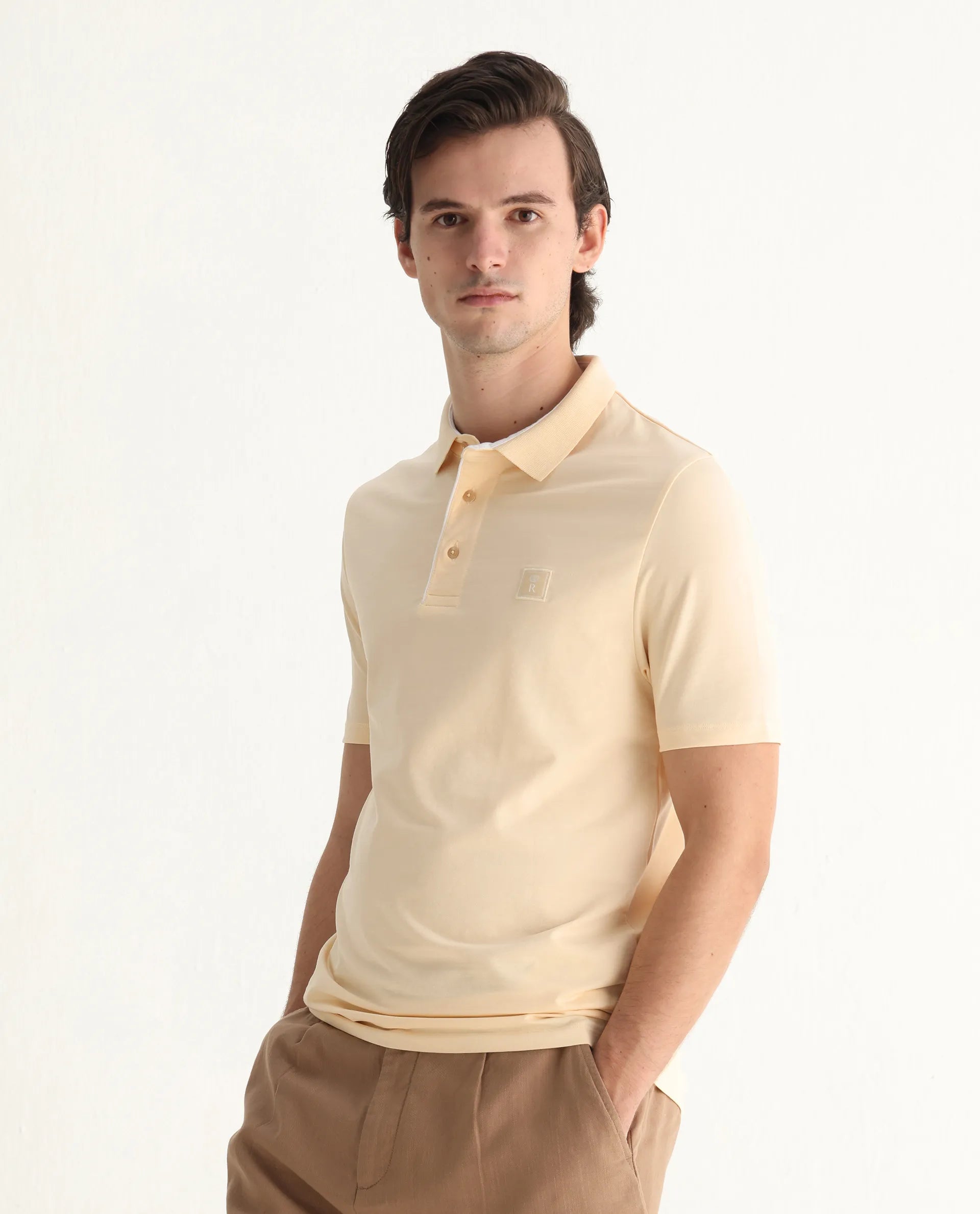 Rare Rabbit Men's Maq Pastel Yellow Cotton Plain Regular Fit Half Sleeve Polo