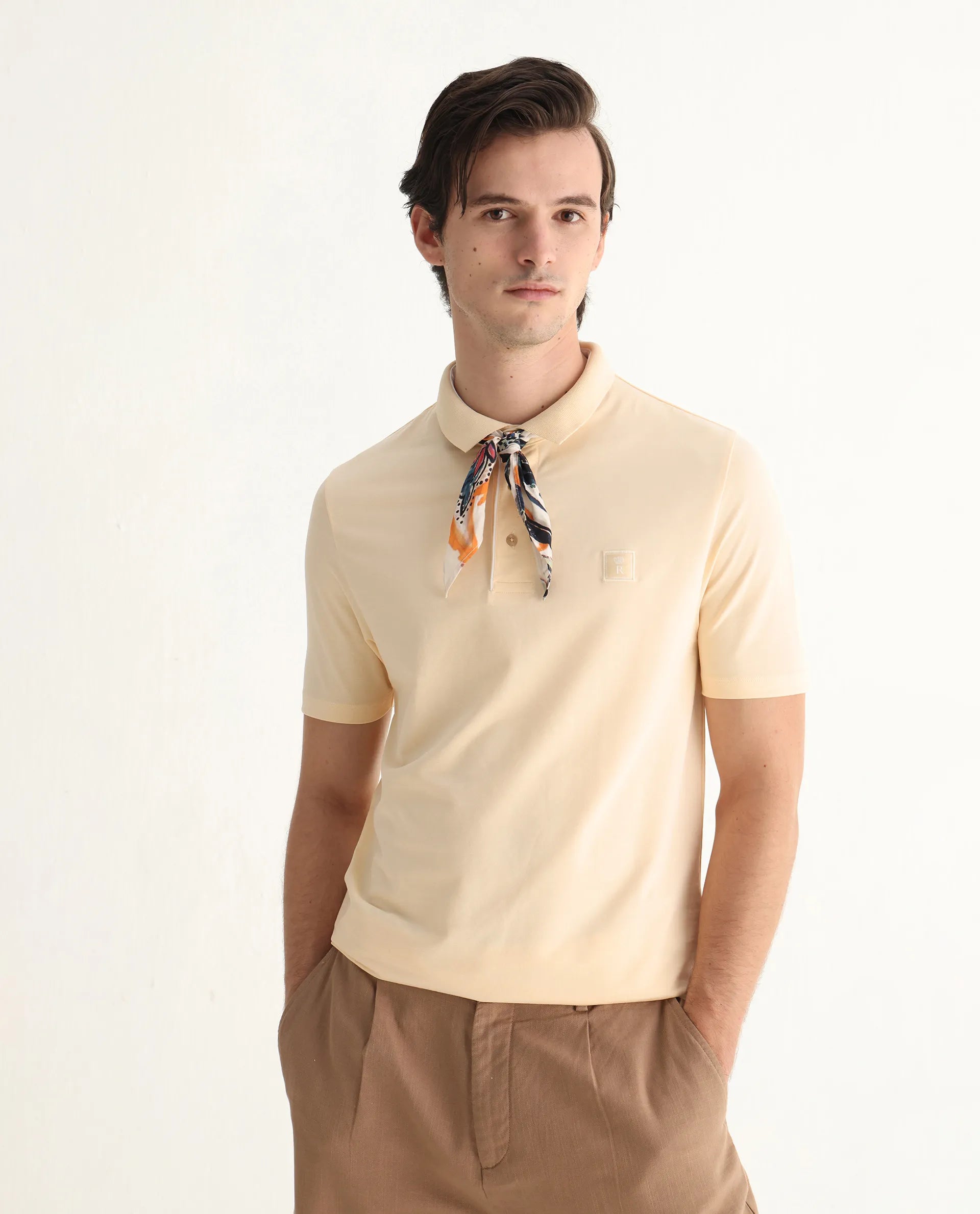 Rare Rabbit Men's Mabe Beige Cotton Plain Regular Fit Half Sleeve Polo
