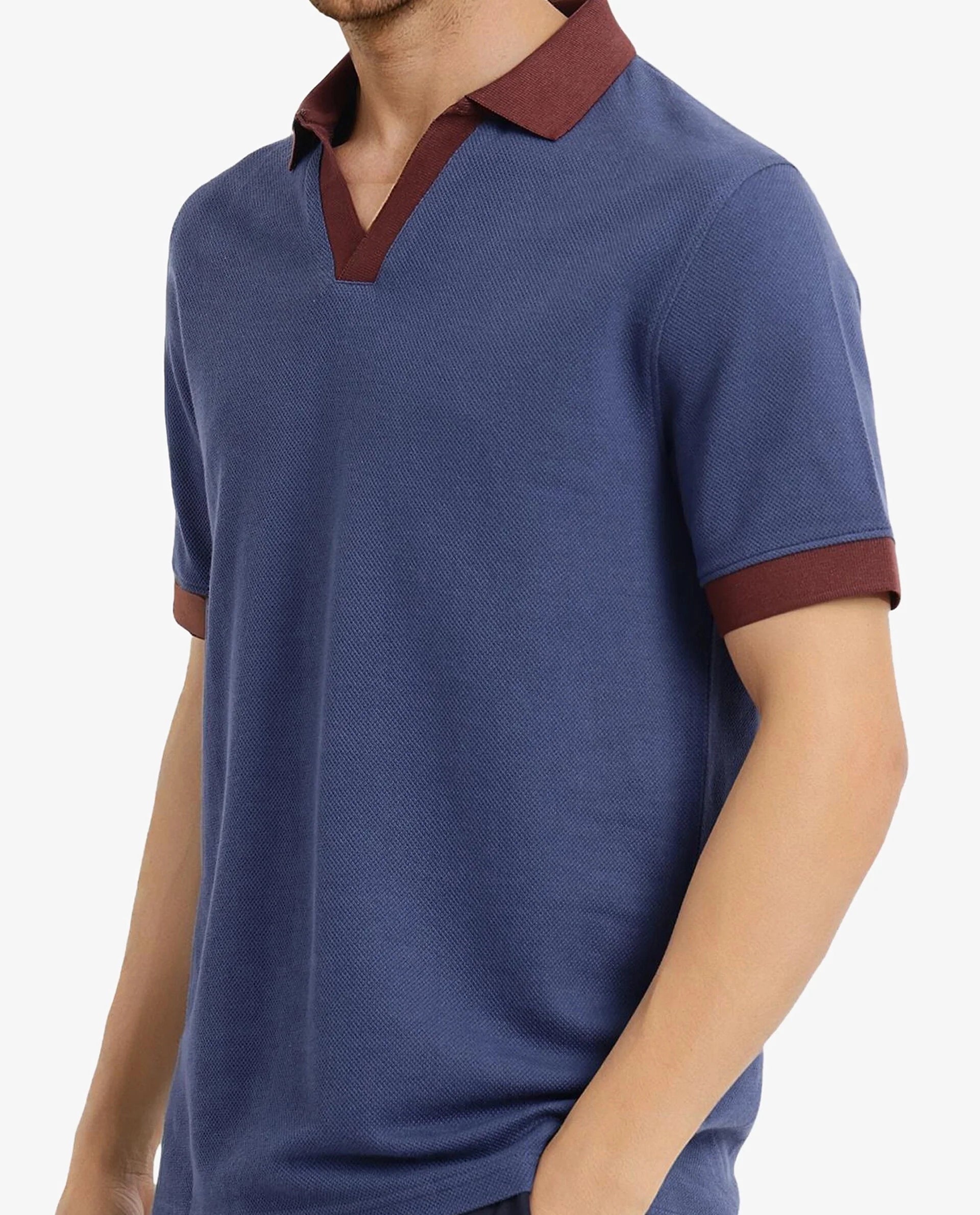 Rare Rabbit Men's Marcelo-1 Blue Cotton Blend Fabric Short Sleeve Collared Neck Plain Polo