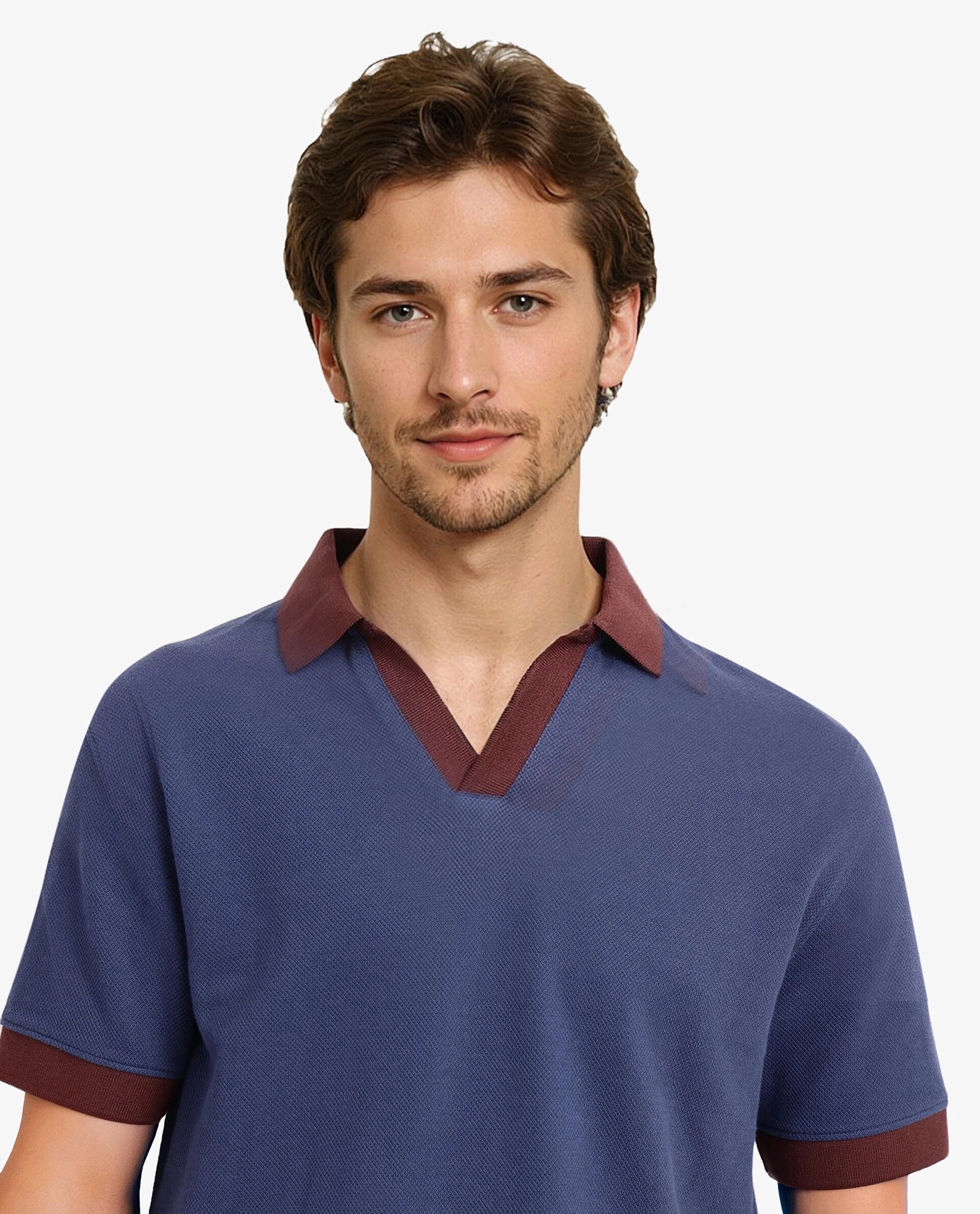 Rare Rabbit Men's Marcelo-1 Blue Cotton Blend Fabric Short Sleeve Collared Neck Plain Polo