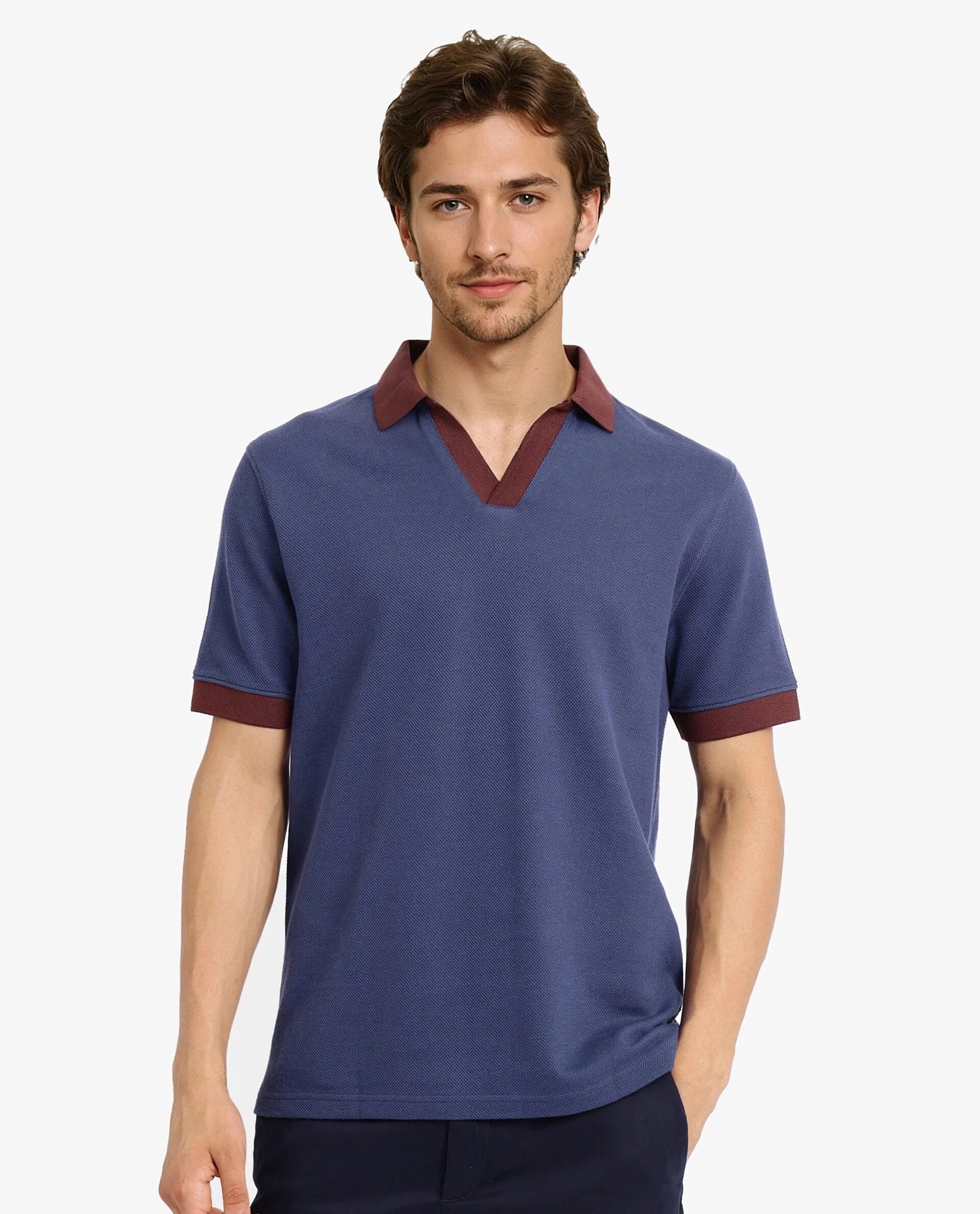 Rare Rabbit Men's Marcelo-1 Blue Cotton Blend Fabric Short Sleeve Collared Neck Plain Polo