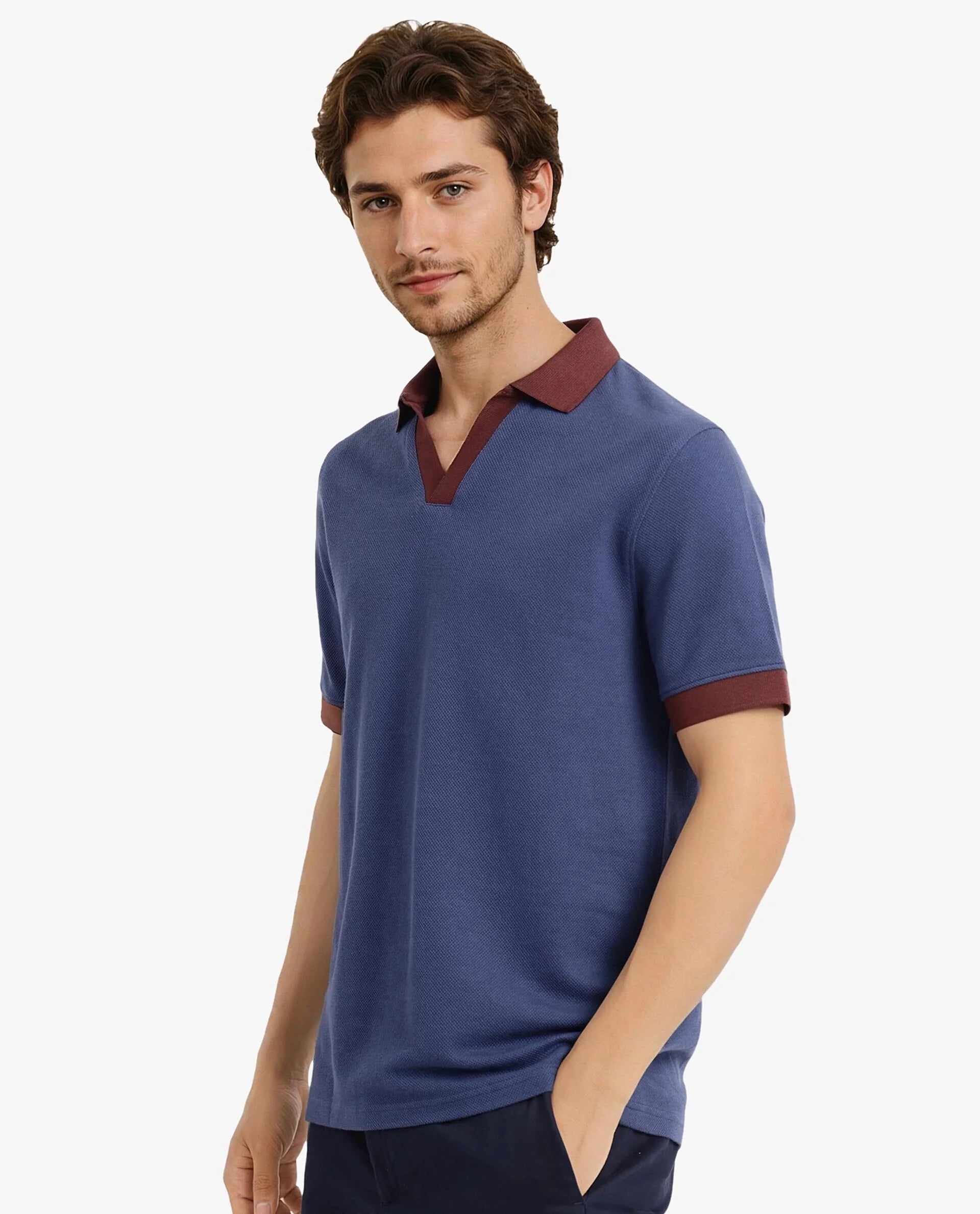 Rare Rabbit Men's Marcelo-1 Blue Cotton Blend Fabric Short Sleeve Collared Neck Plain Polo