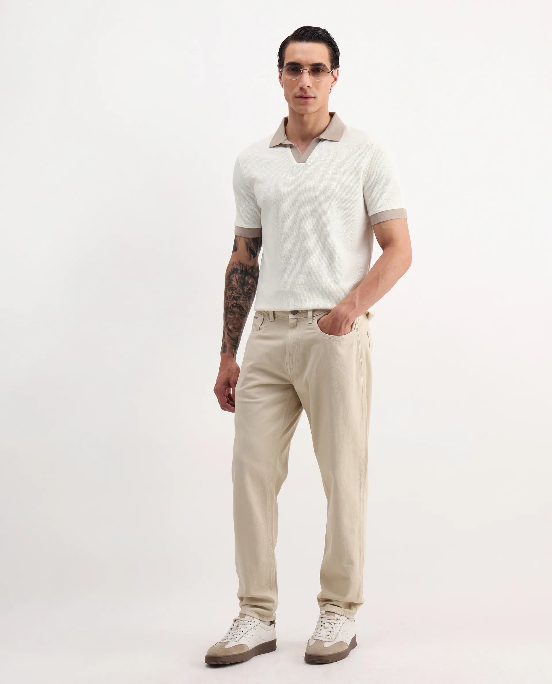 Rare Rabbit Men's Marcelo-1 Off White Cotton Blend Plain Regular Fit Half Sleeve Polo