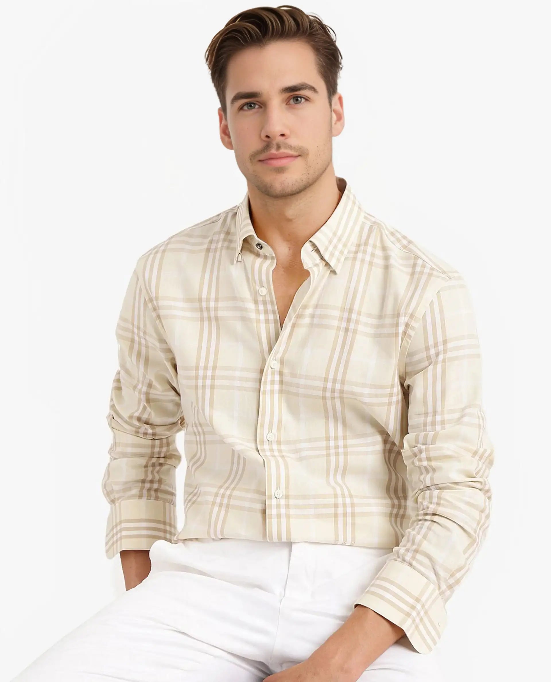 Rare Rabbit Men's Maret Beige Cotton Checked Print Regular Fit Full Sleeve Collared Shirt