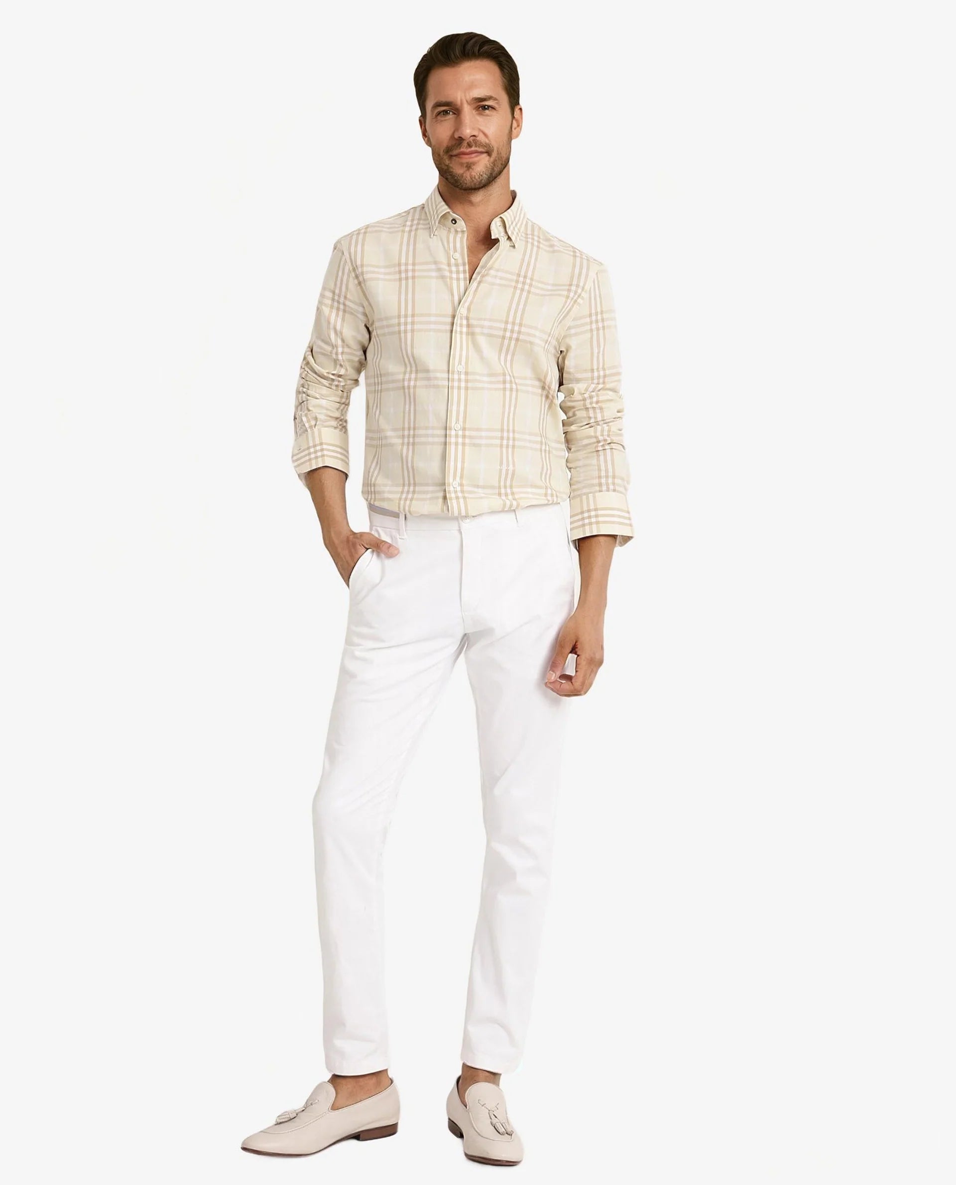 Rare Rabbit Men Maret Beige Cotton Fabric Full Sleeve Regular Fit Checks Shirt