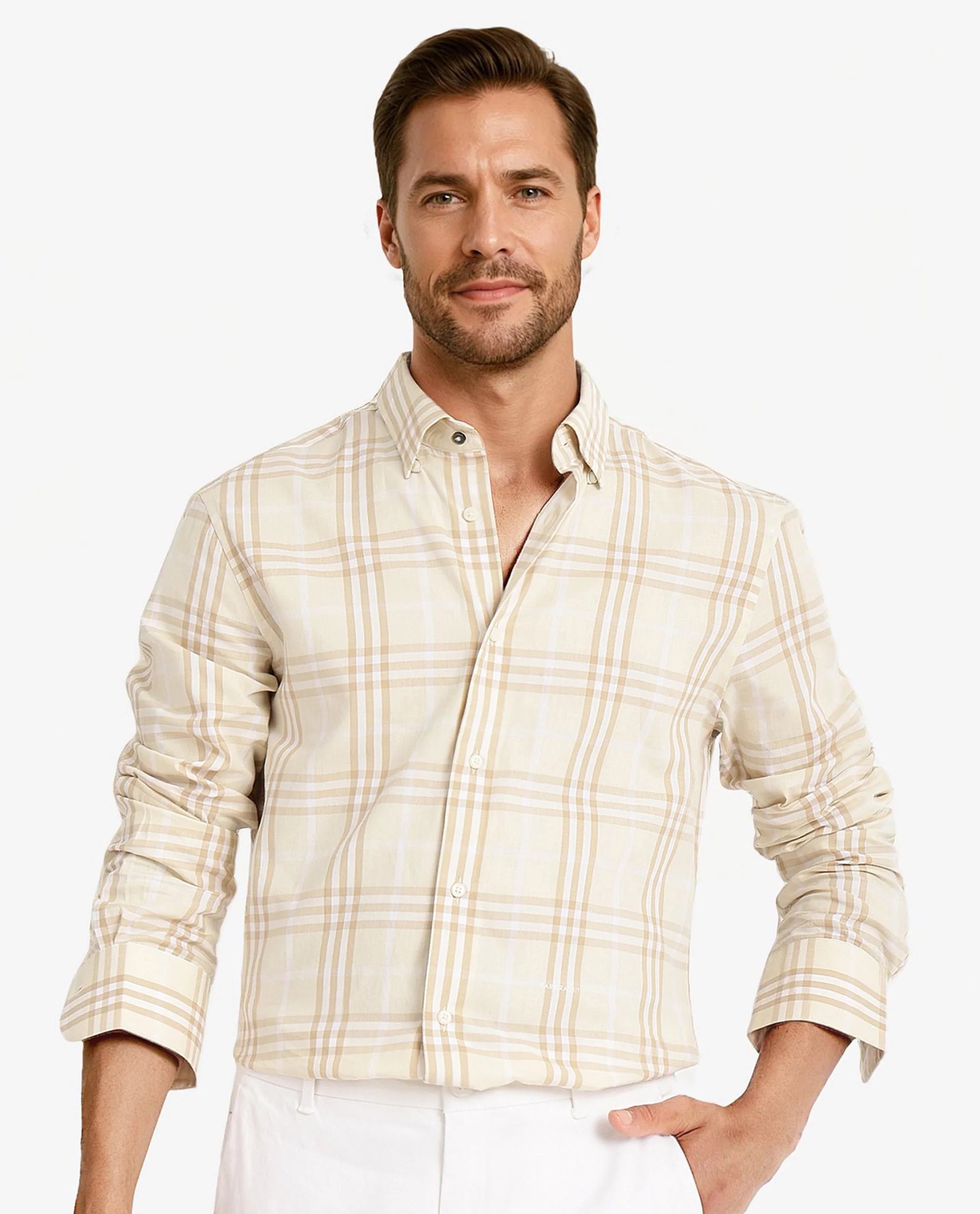 Rare Rabbit Men Maret Beige Cotton Fabric Full Sleeve Regular Fit Checks Shirt