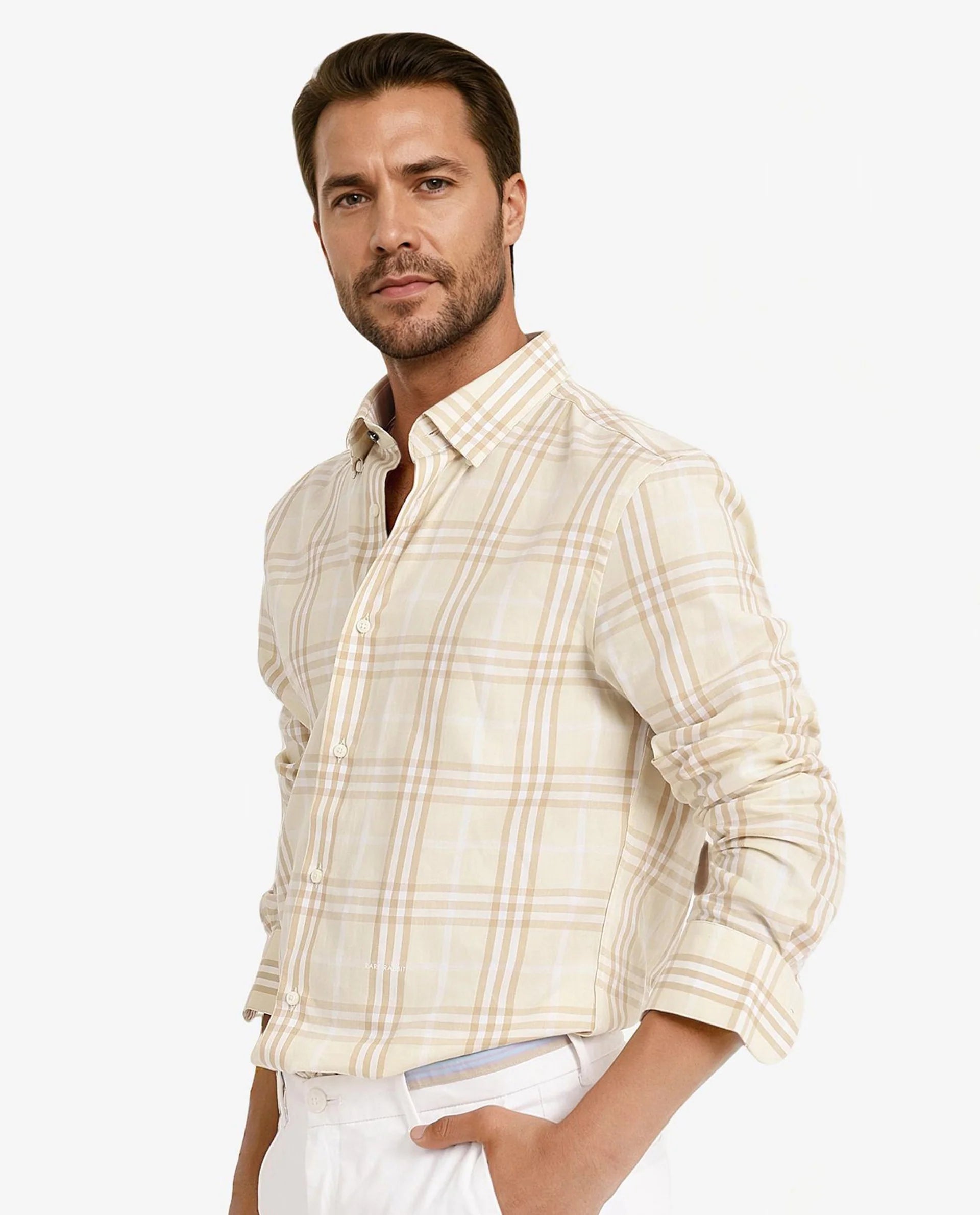 Rare Rabbit Men Maret Beige Cotton Fabric Full Sleeve Regular Fit Checks Shirt