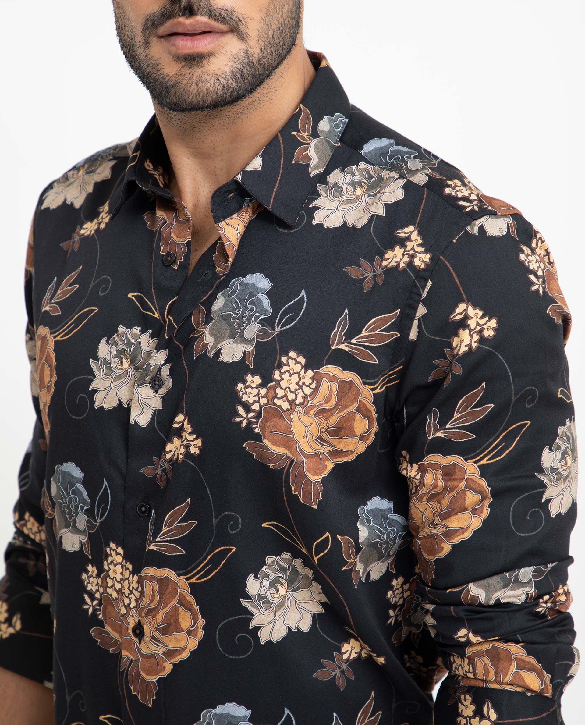 Rare Rabbit Men's Marne Black Cotton Viscose Fabric Floral Print Full Sleeves Shirt