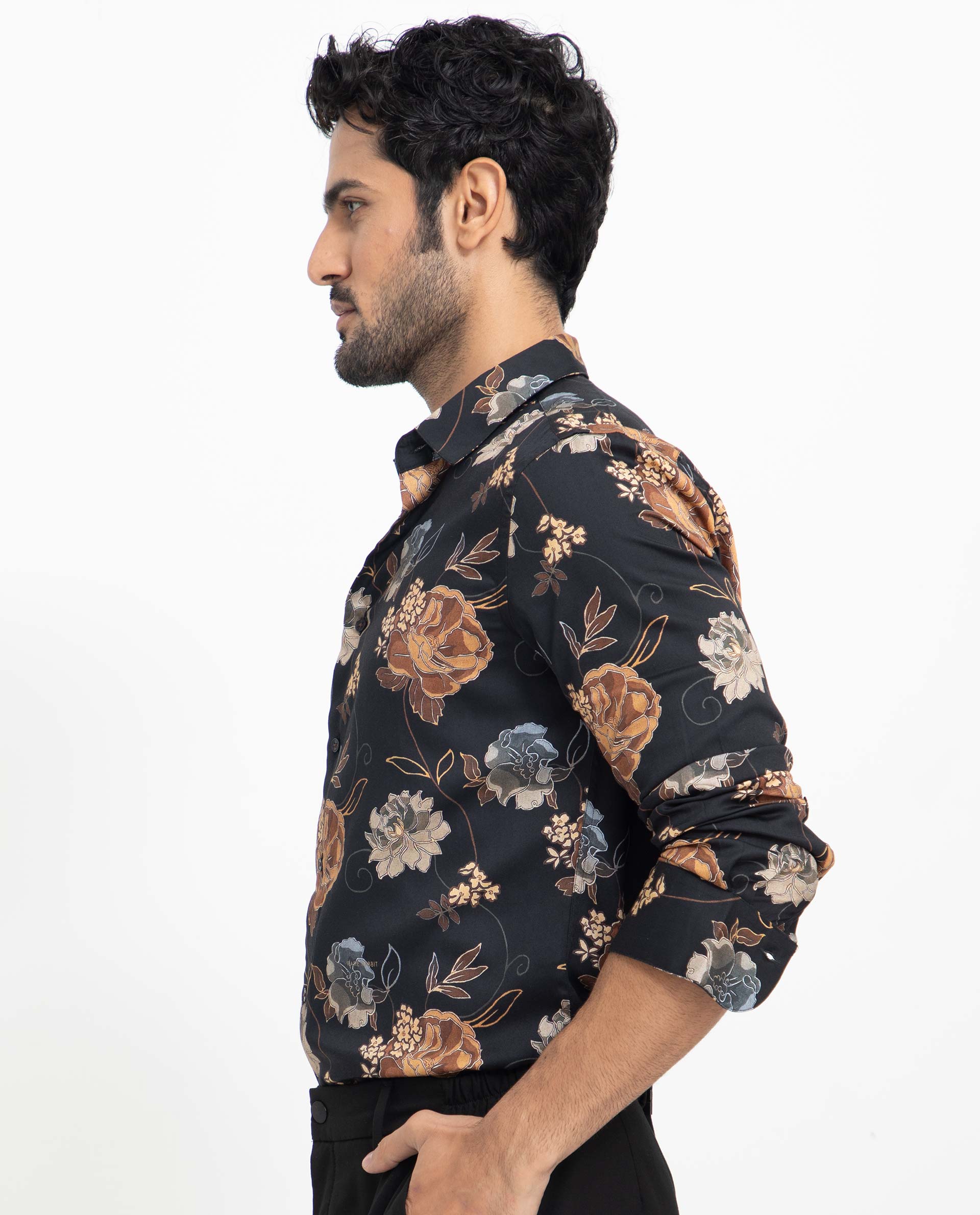 Rare Rabbit Men's Marne Black Cotton Viscose Fabric Floral Print Full Sleeves Shirt