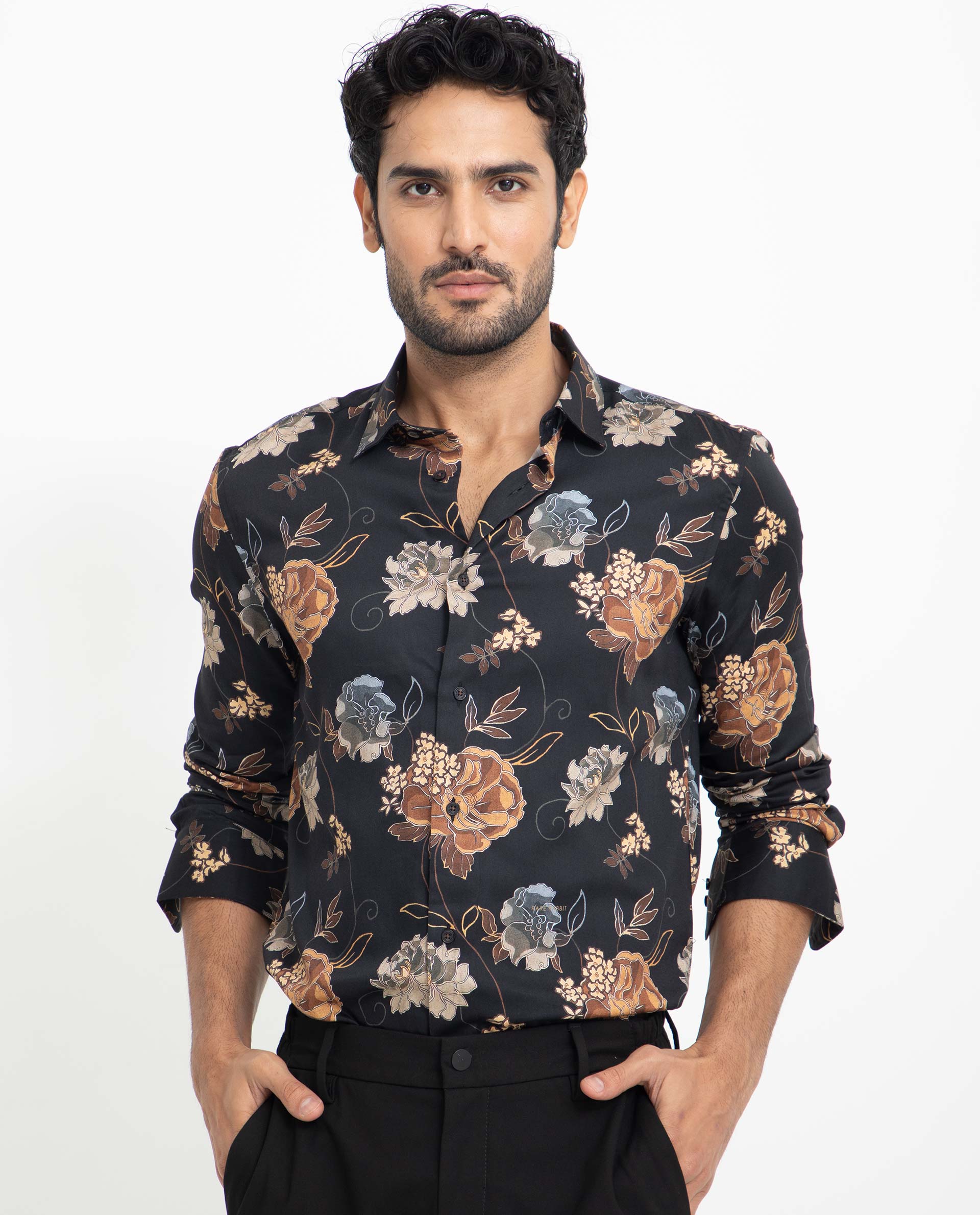 Rare Rabbit Men's Marne Black Cotton Viscose Fabric Floral Print Full Sleeves Shirt