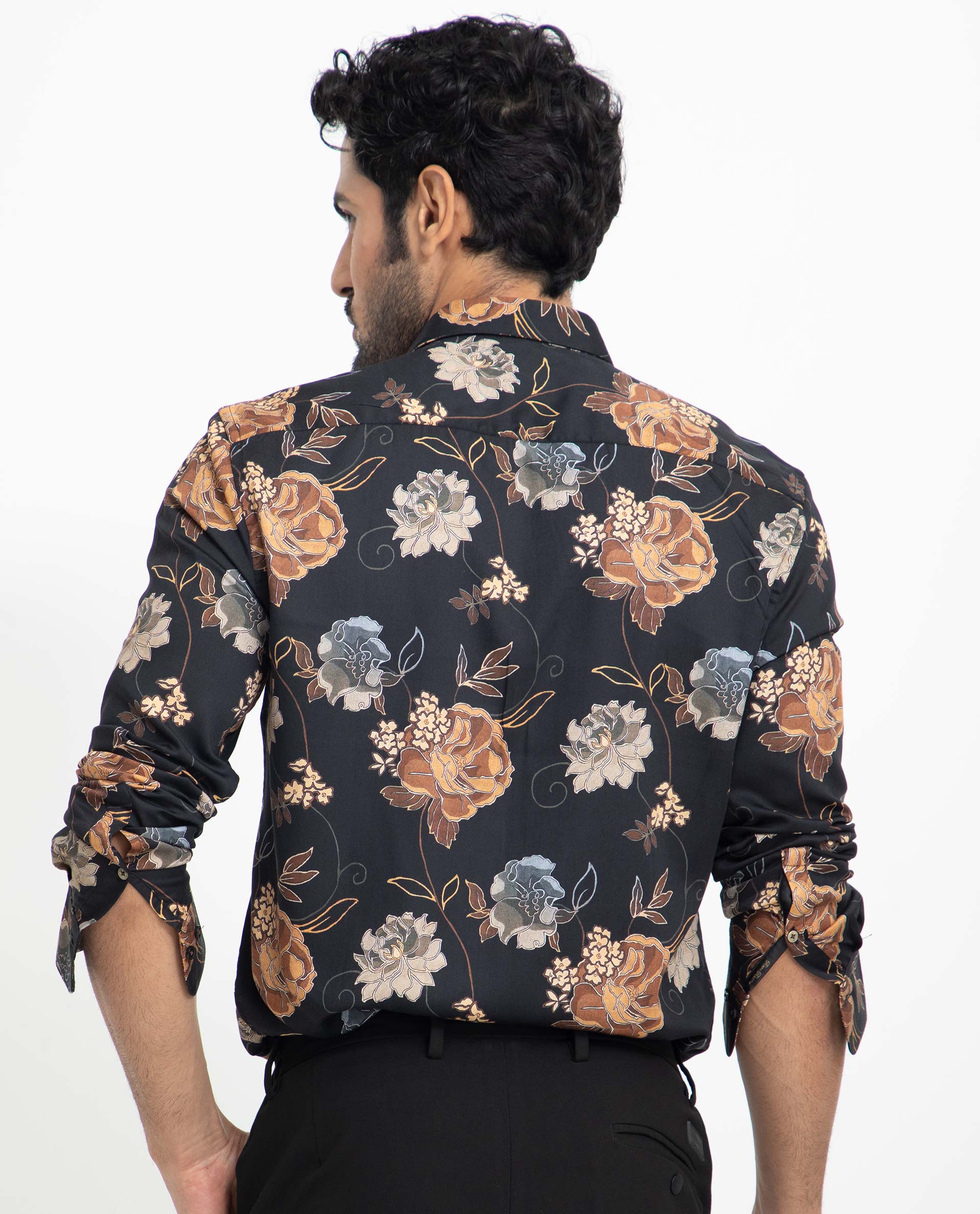 Rare Rabbit Men's Marne Black Cotton Viscose Fabric Floral Print Full Sleeves Shirt
