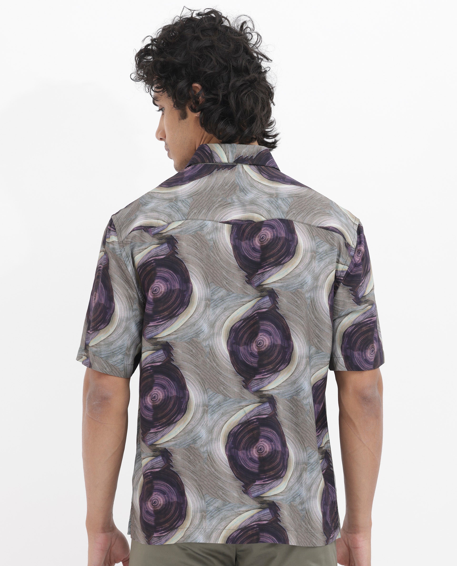 Rare Rabbit Men's Marock Dusky Olive Viscose Fabric Half Sleeves Boxy Fit Abstract Print Shirt