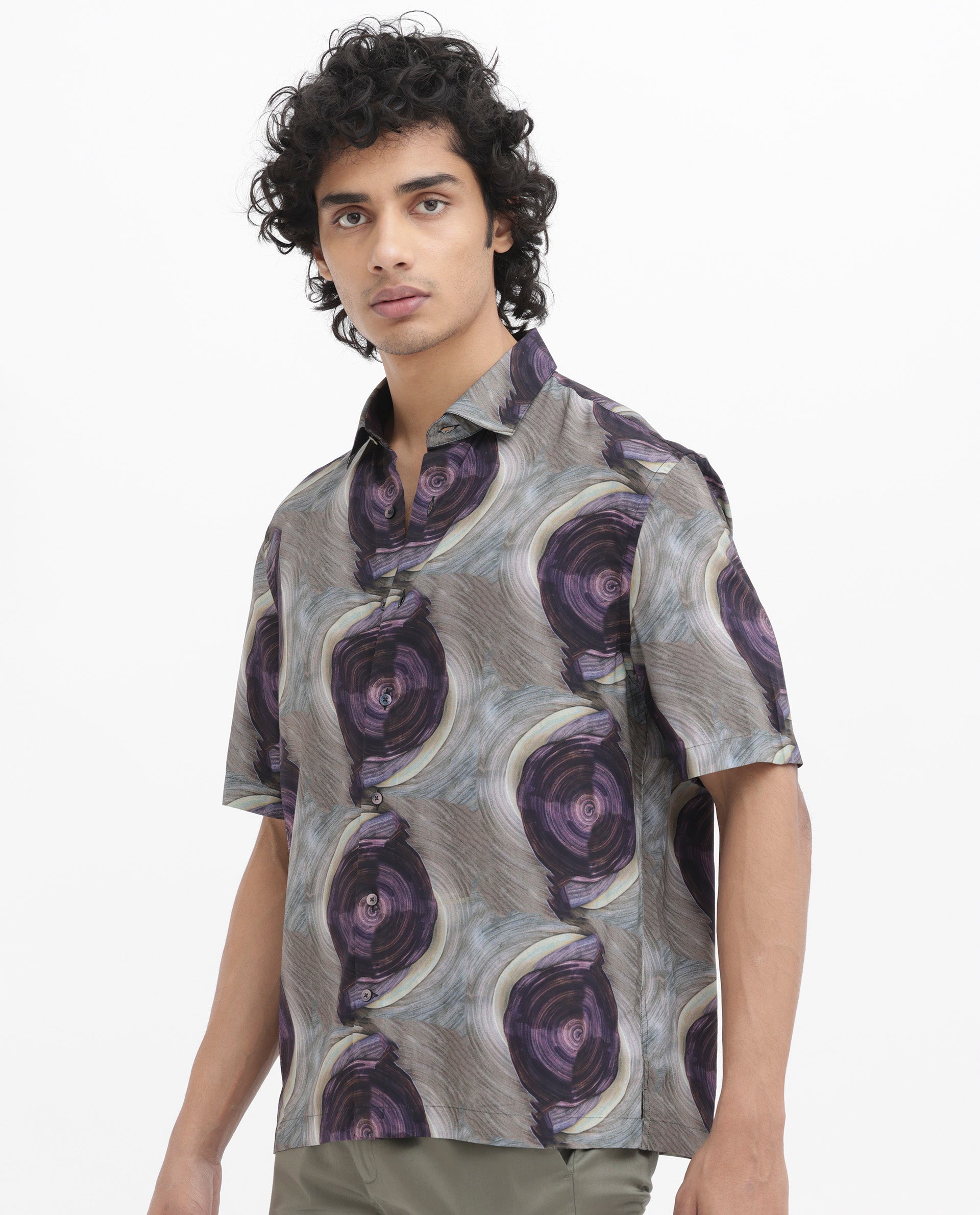 Rare Rabbit Men's Marock Dusky Olive Viscose Fabric Half Sleeves Boxy Fit Abstract Print Shirt