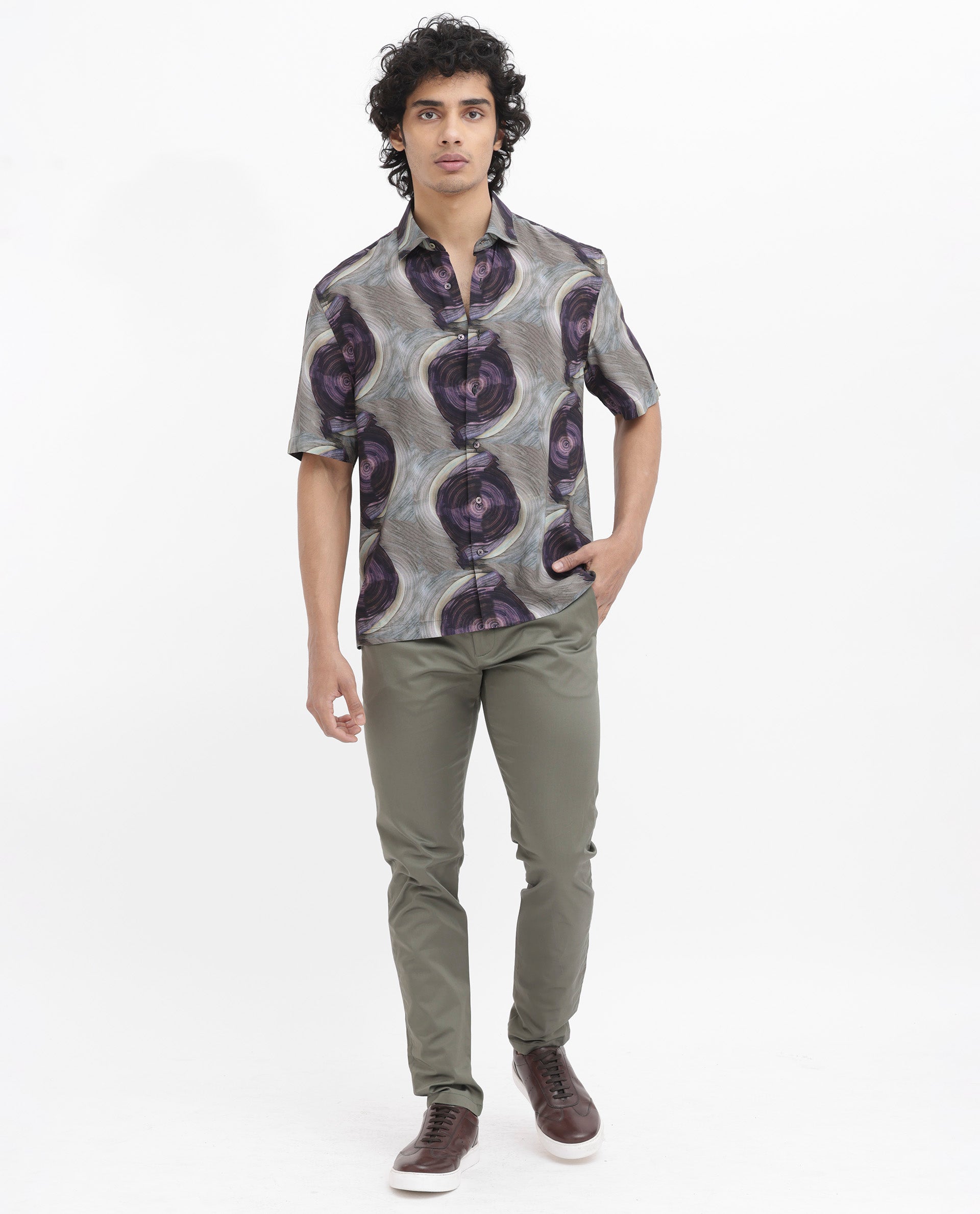 Rare Rabbit Men's Marock Dusky Olive Viscose Fabric Half Sleeves Boxy Fit Abstract Print Shirt