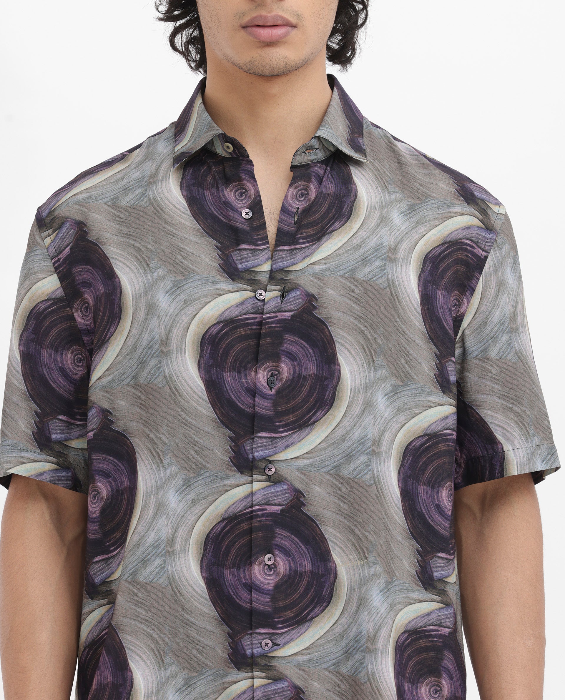 Rare Rabbit Men's Marock Dusky Olive Viscose Fabric Half Sleeves Boxy Fit Abstract Print Shirt