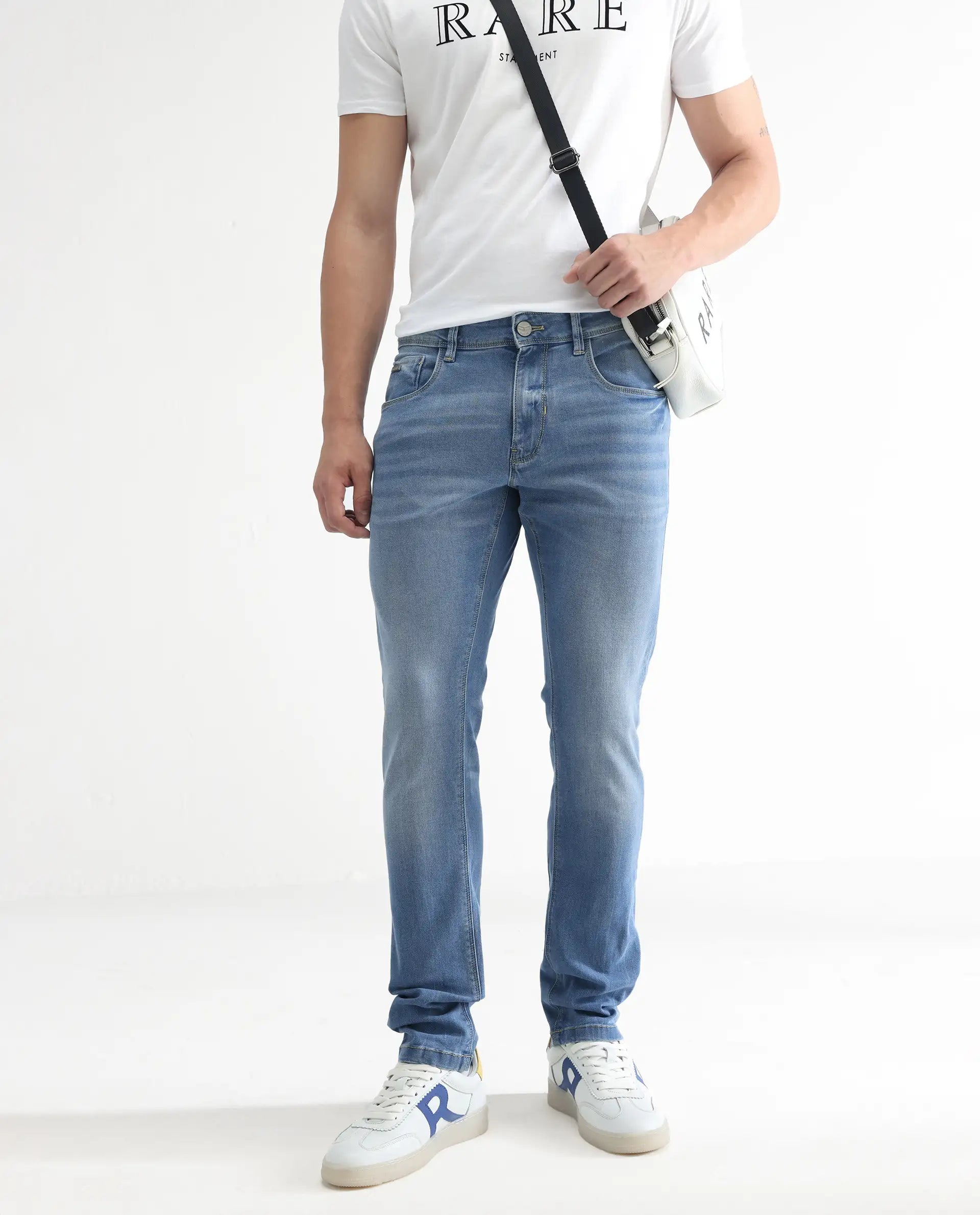 Rare Rabbit Men's Marset Light Blue Cotton Plain Hawk Slim Fit Jeans