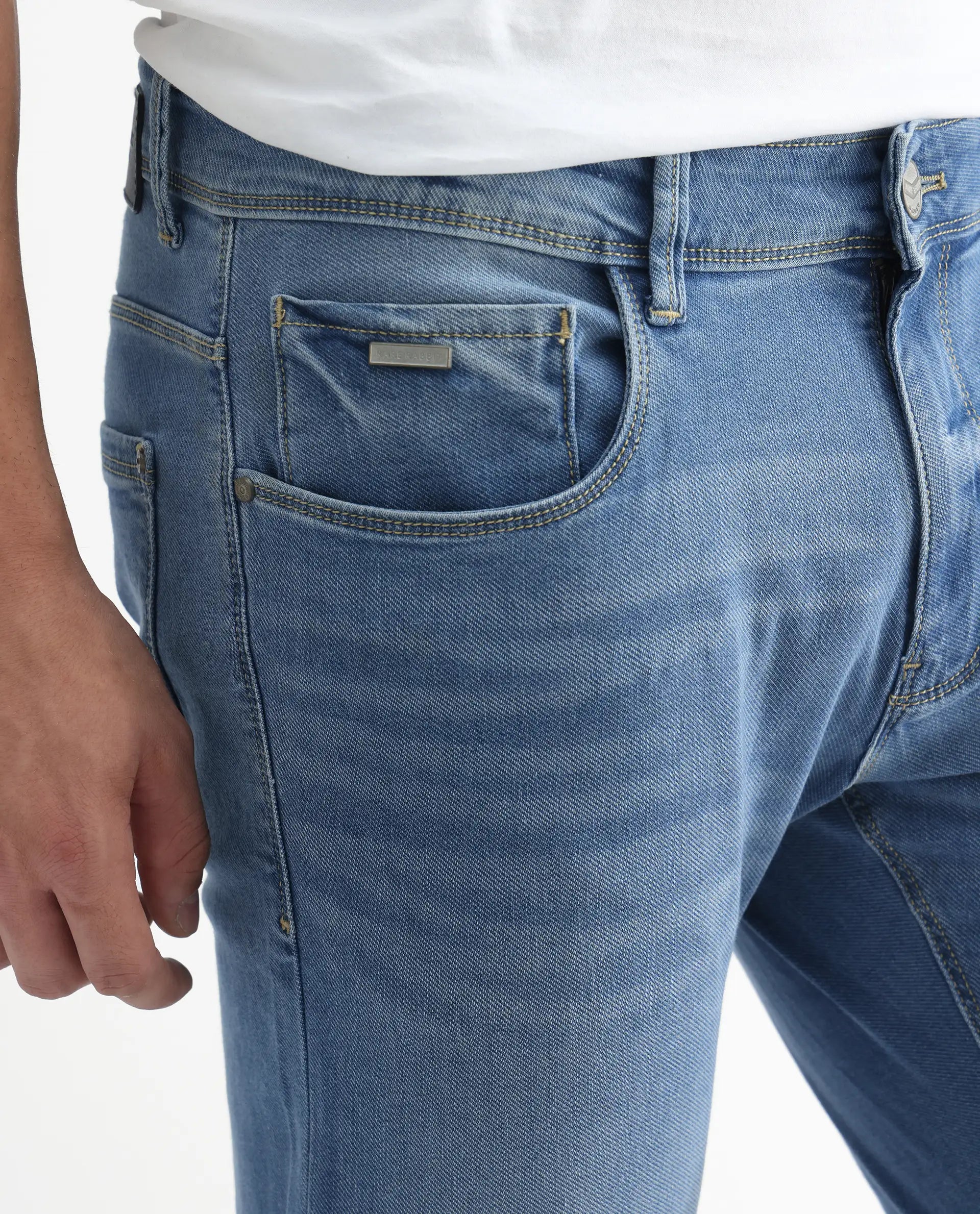 Rare Rabbit Men's Marset Light Blue Cotton Plain Hawk Slim Fit Jeans