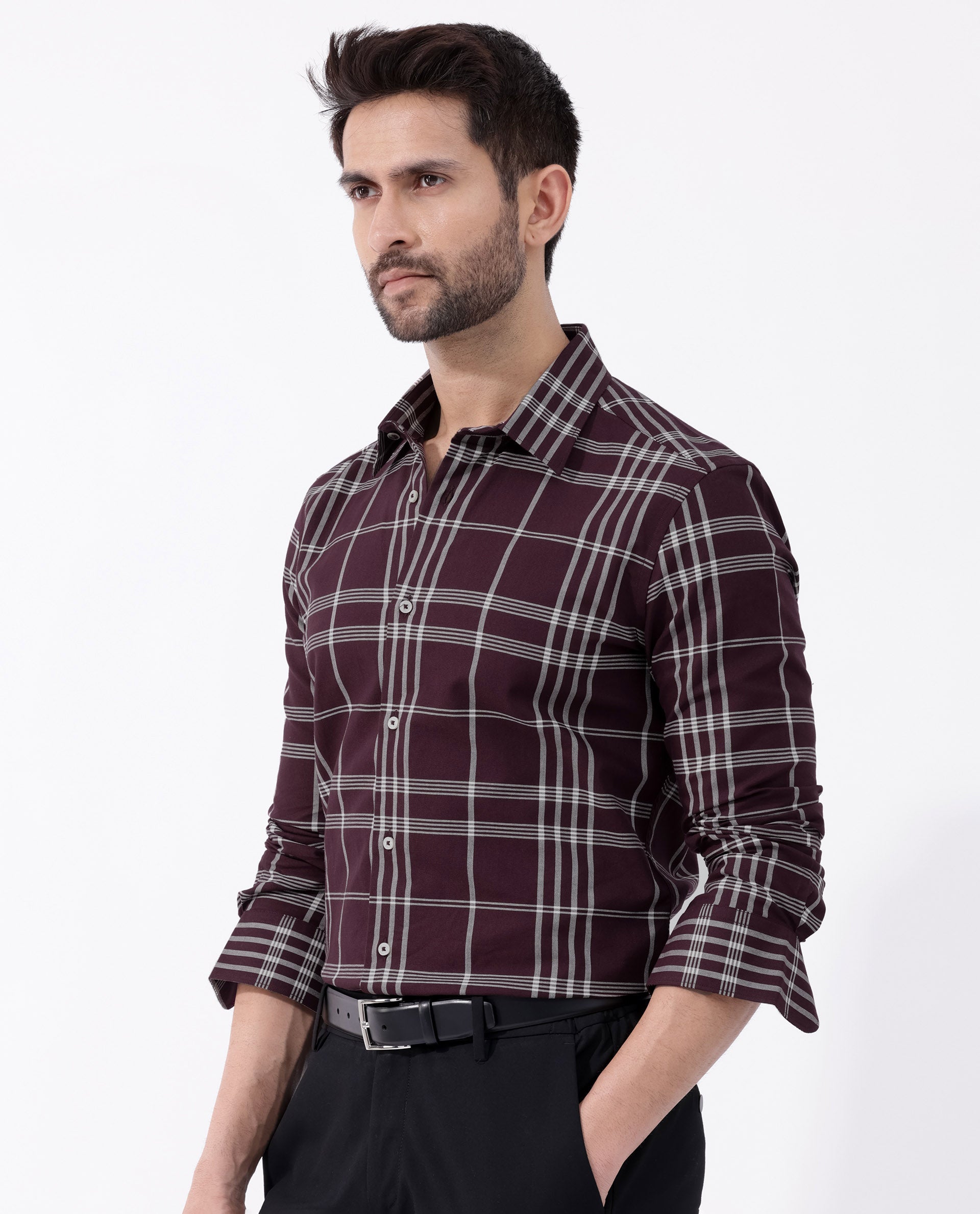 Rare Rabbit Mens Marvel Dark Maroon Cotton Full Sleeve Checks Shirt