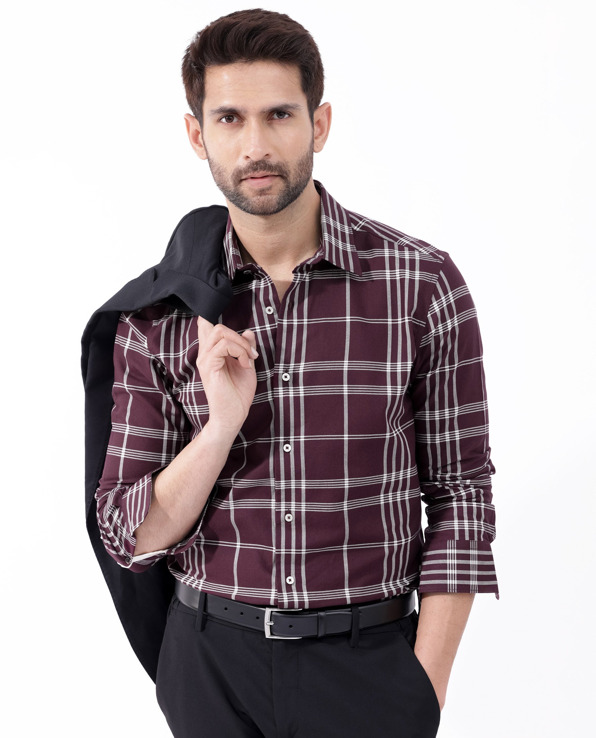 Rare Rabbit Mens Marvel Dark Maroon Cotton Full Sleeve Checks Shirt