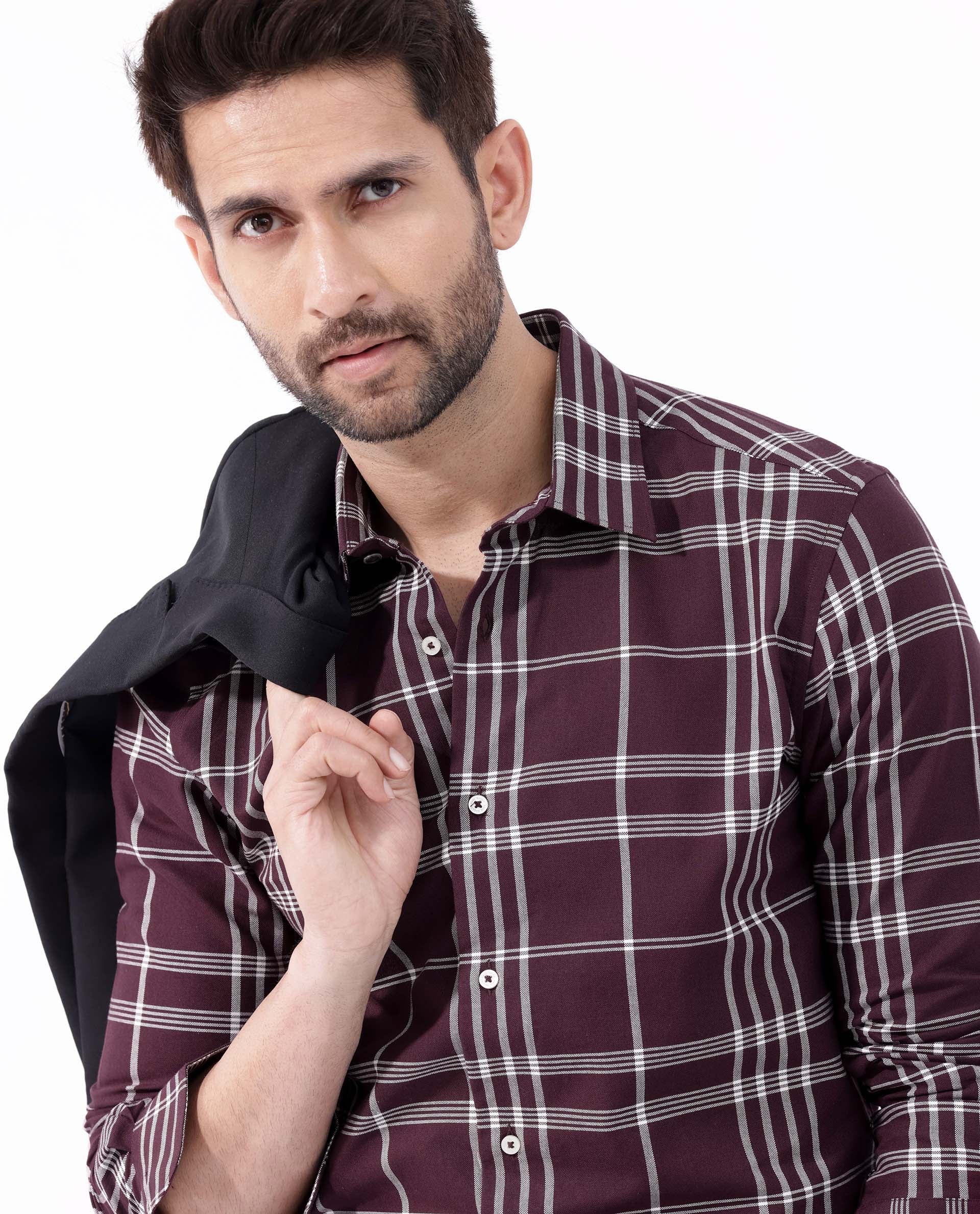 Rare Rabbit Mens Marvel Dark Maroon Cotton Full Sleeve Checks Shirt