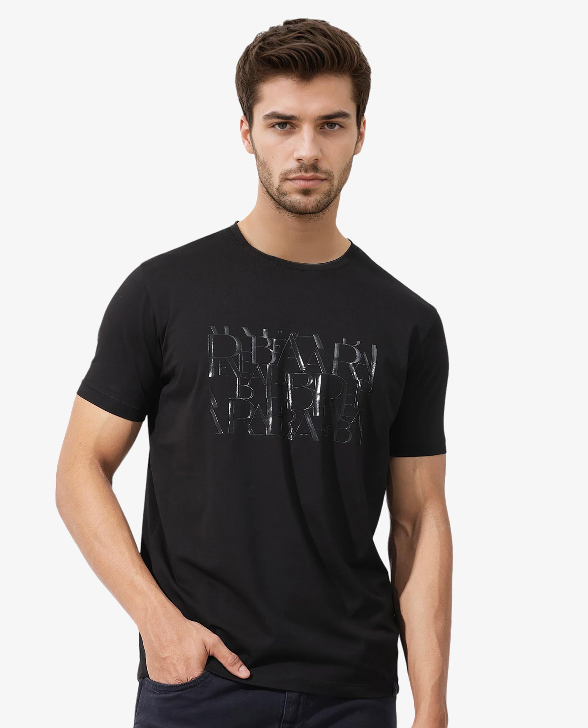 Rare Rabbit Men's Masco Black Cotton Lycra Fabric Half Sleeves Graphic Print T-Shirt