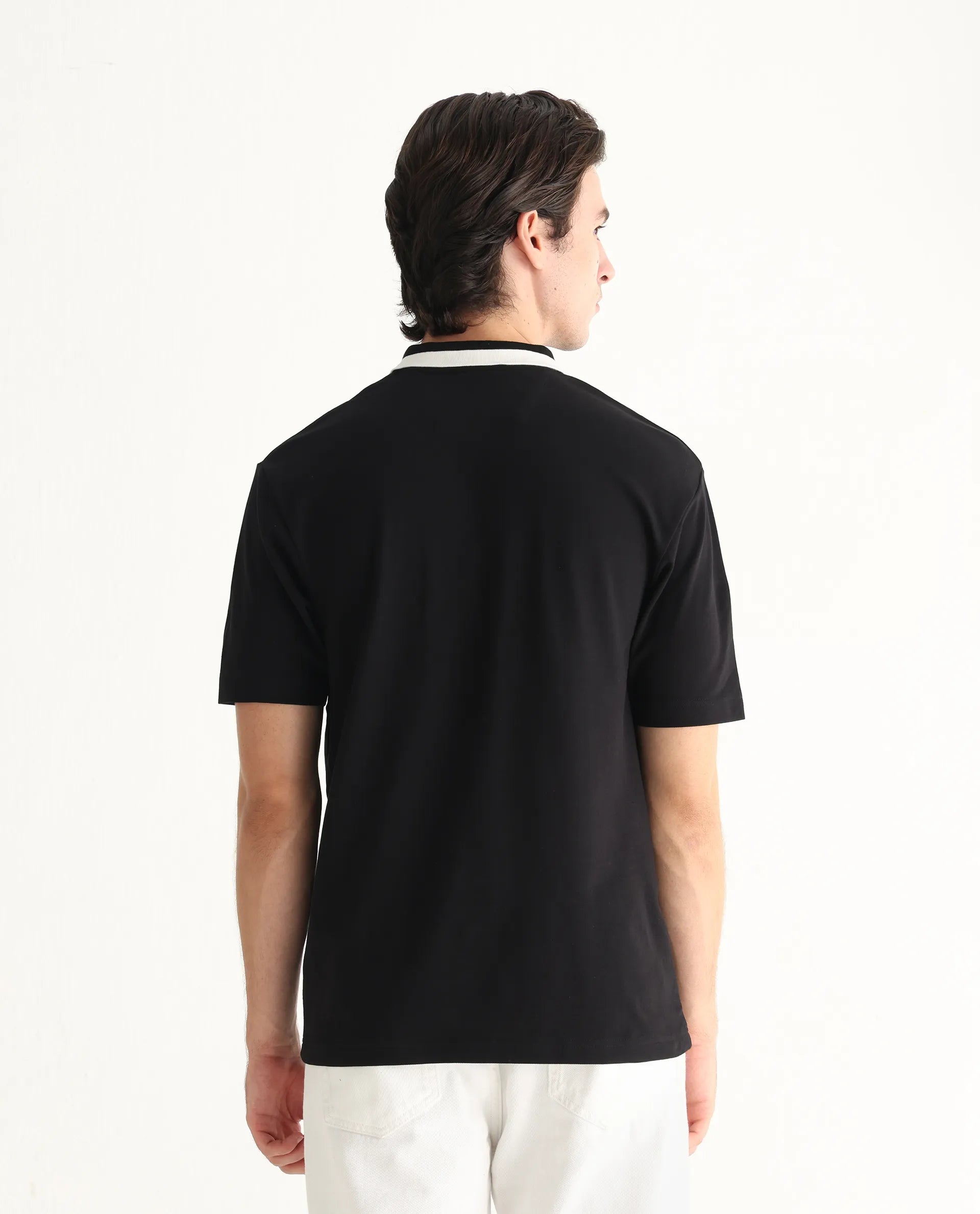 Rare Rabbit Men's Mateo Black Cotton Blend Embroidered Relaxed Fit Half Sleeve Polo