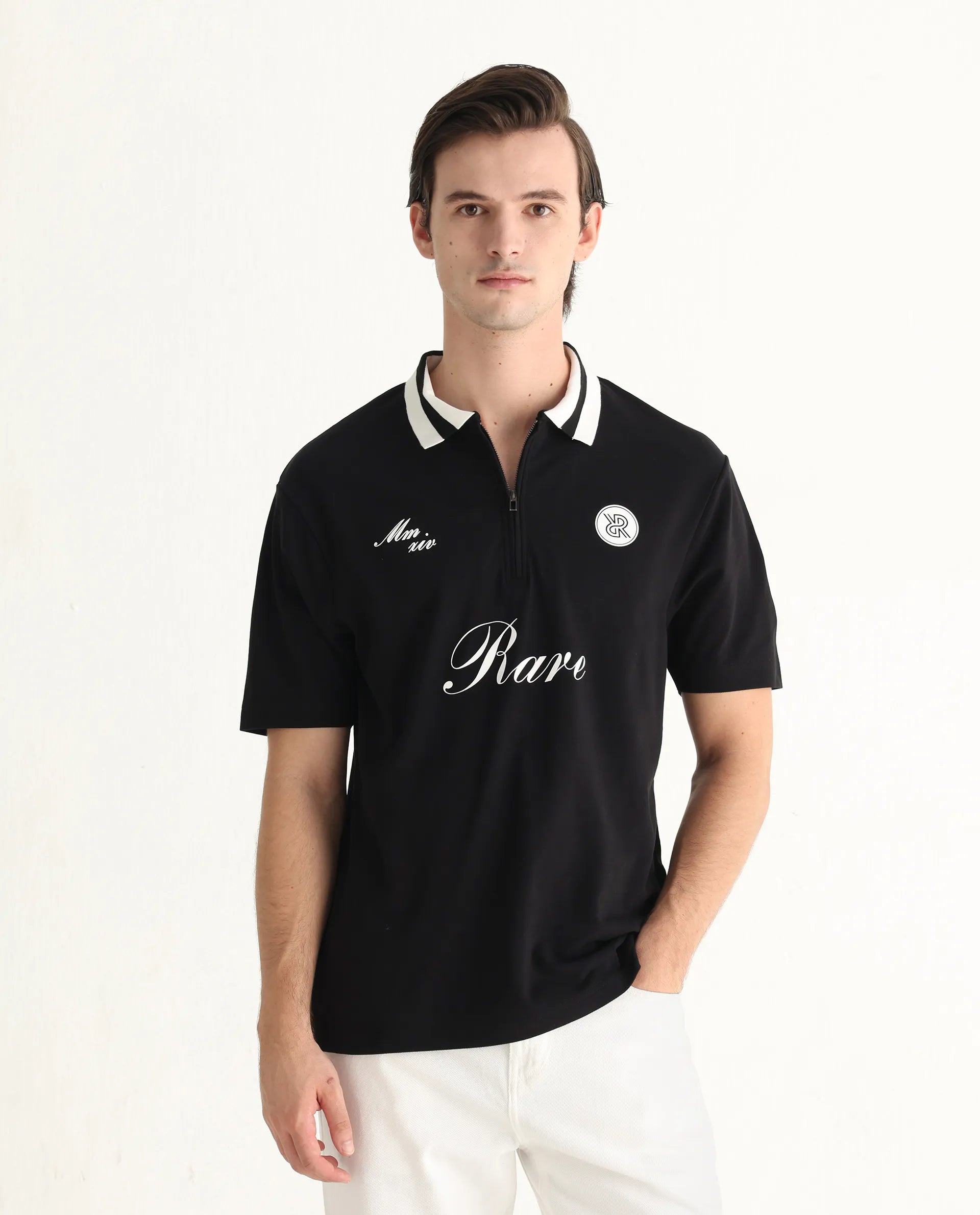 Rare Rabbit Men's Mateo Black Cotton Blend Embroidered Relaxed Fit Half Sleeve Polo