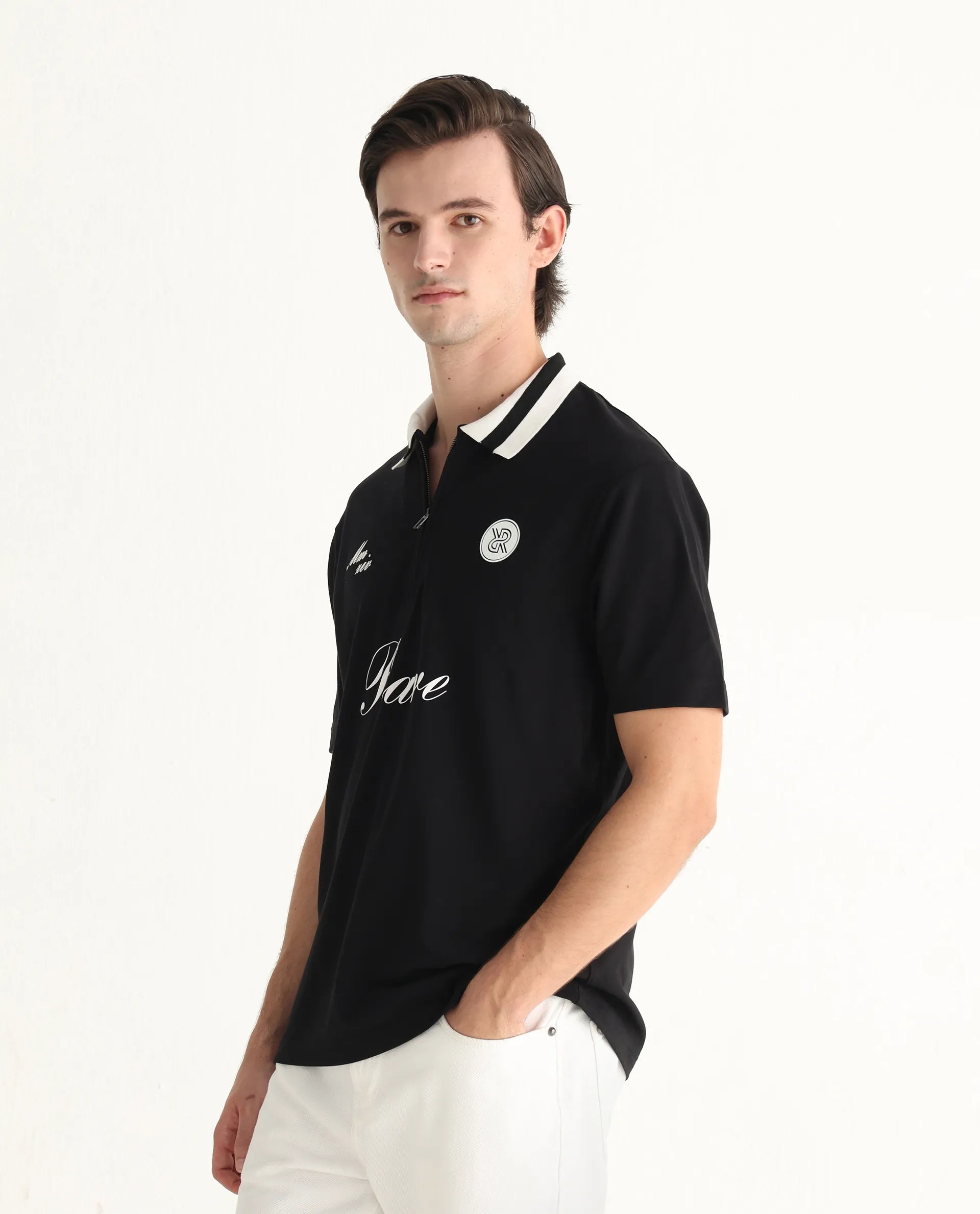 Rare Rabbit Men's Mateo Black Cotton Blend Embroidered Relaxed Fit Half Sleeve Polo