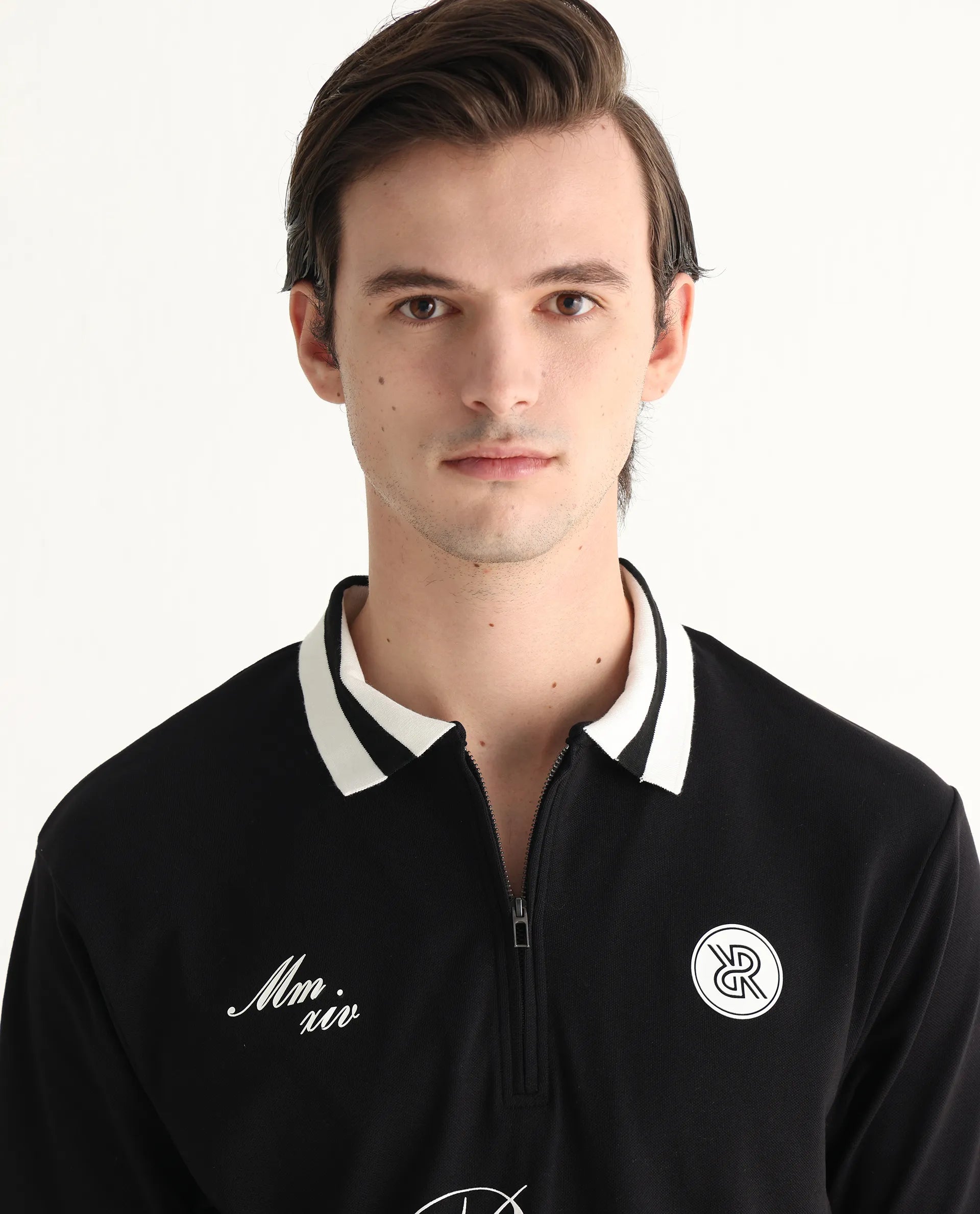 Rare Rabbit Men's Mateo Black Cotton Blend Embroidered Relaxed Fit Half Sleeve Polo