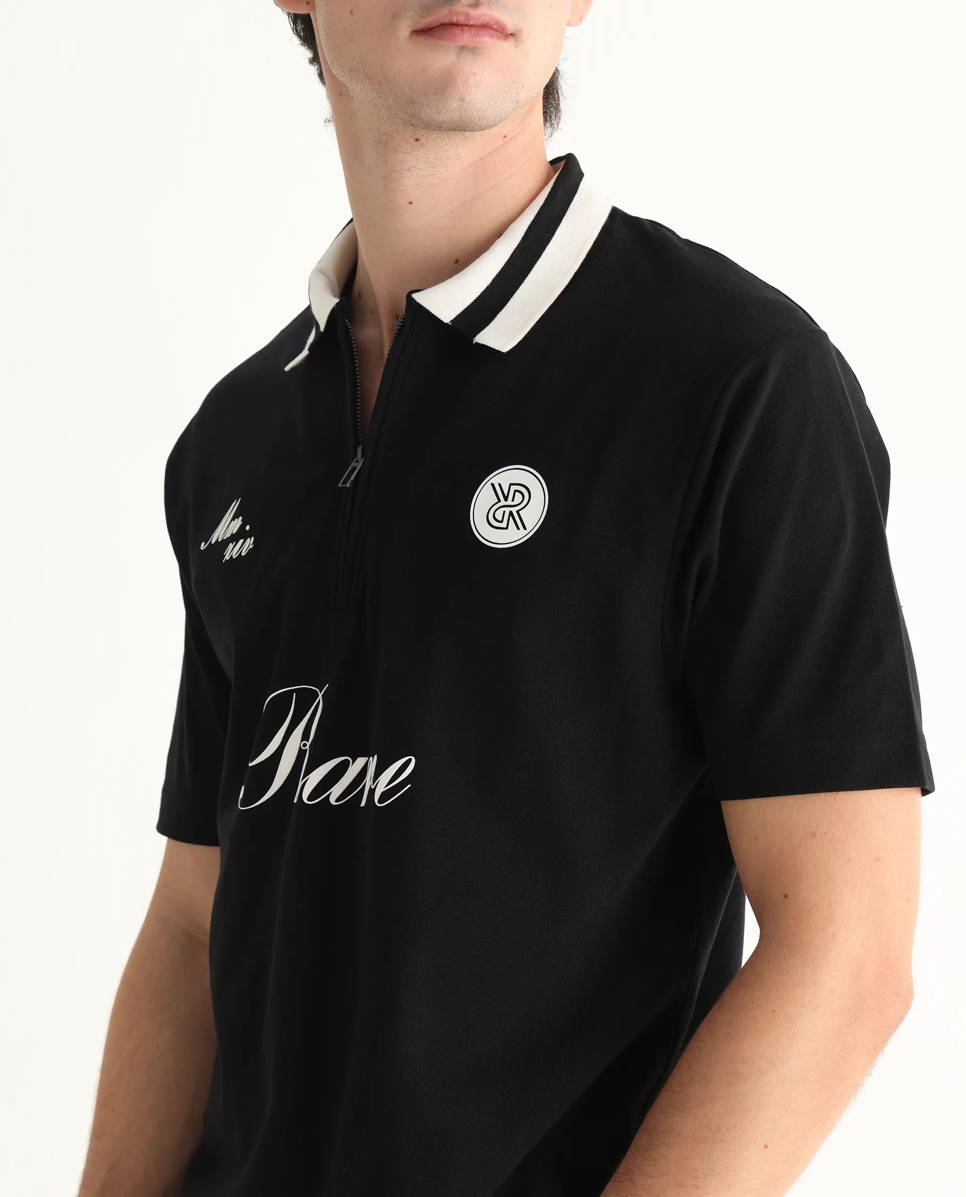 Rare Rabbit Men's Mateo Black Cotton Blend Embroidered Relaxed Fit Half Sleeve Polo