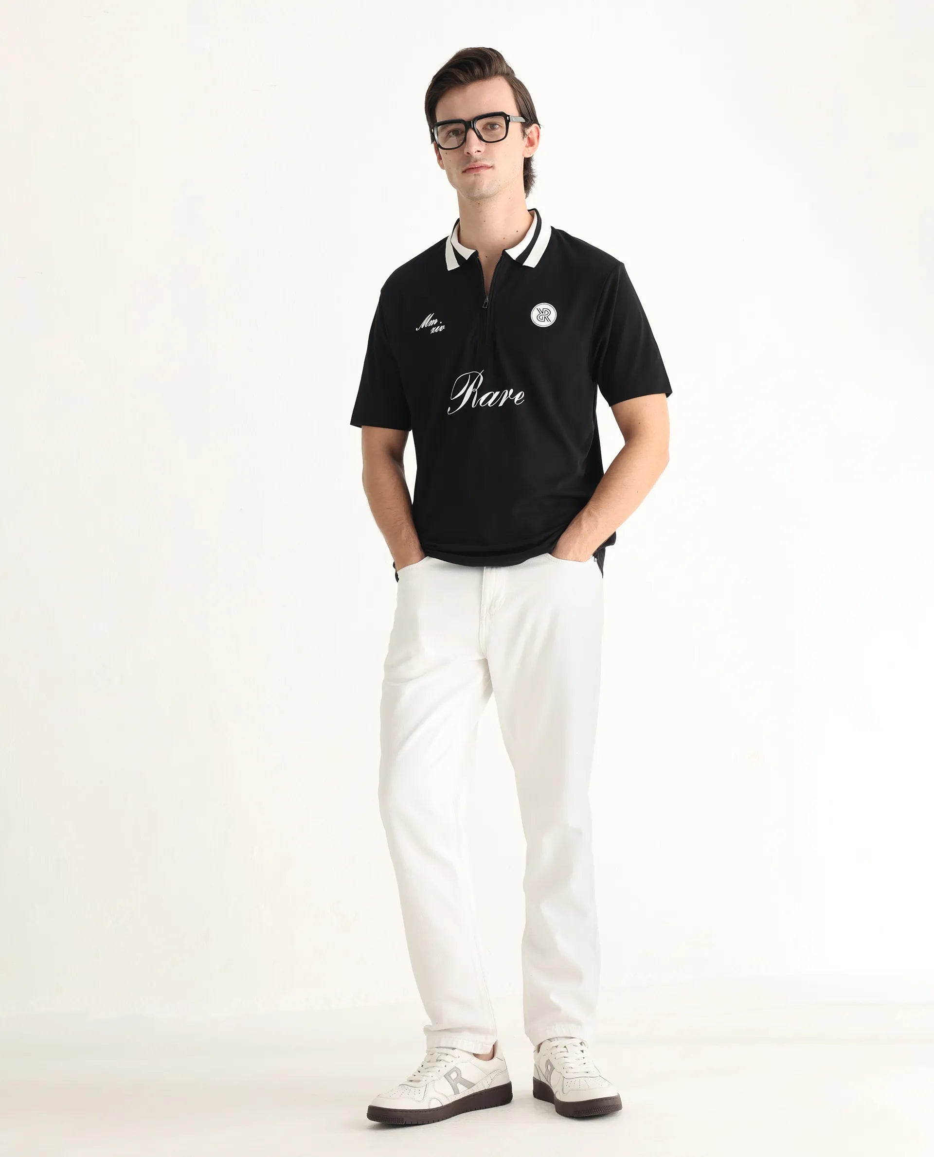 Rare Rabbit Men's Mateo Black Cotton Blend Embroidered Relaxed Fit Half Sleeve Polo