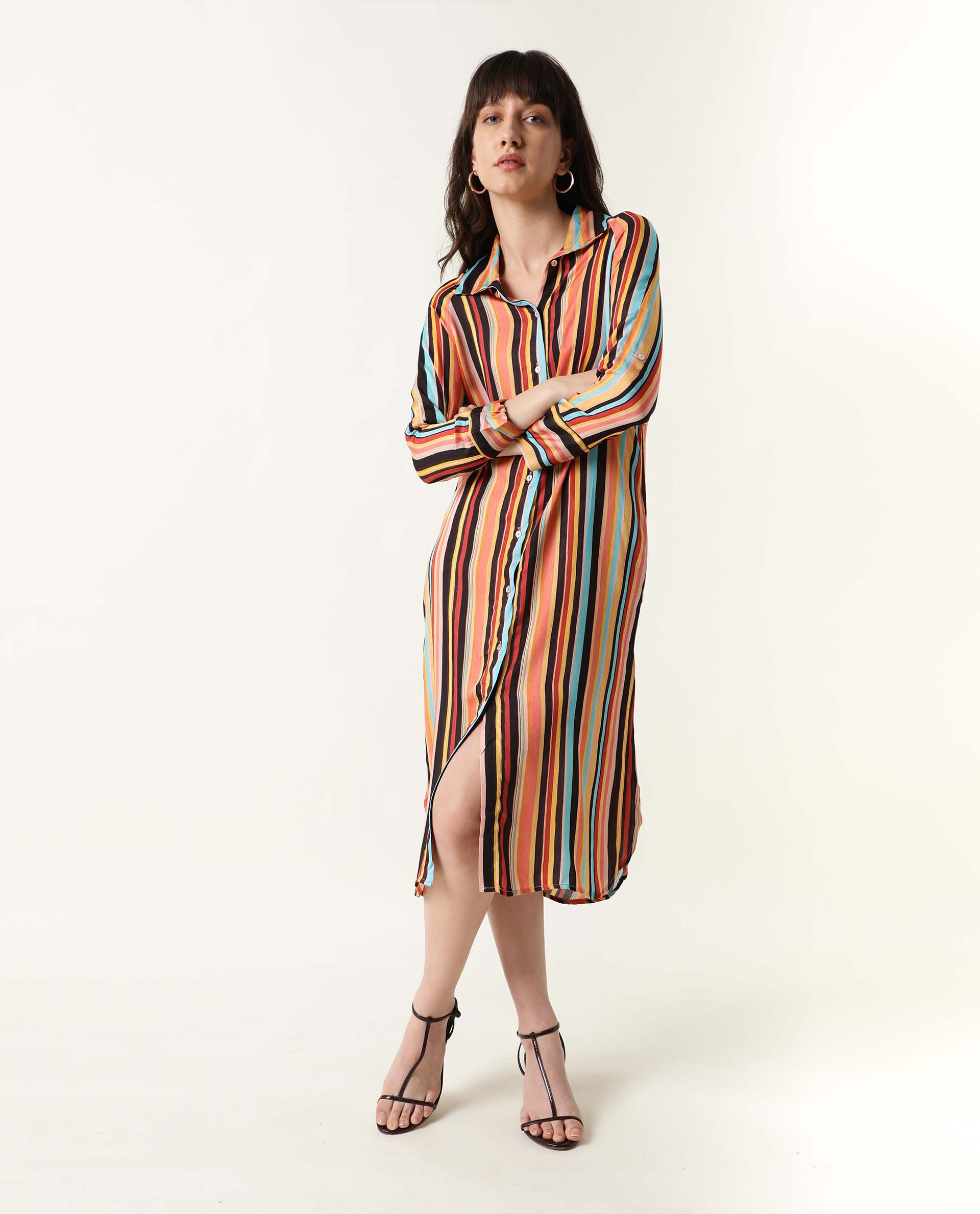 Rareism Women Mathers Brown Striped Shirt Collar Full Sleeves Cuff Full Front Button Placket Pockets Side Slit Midi Dress