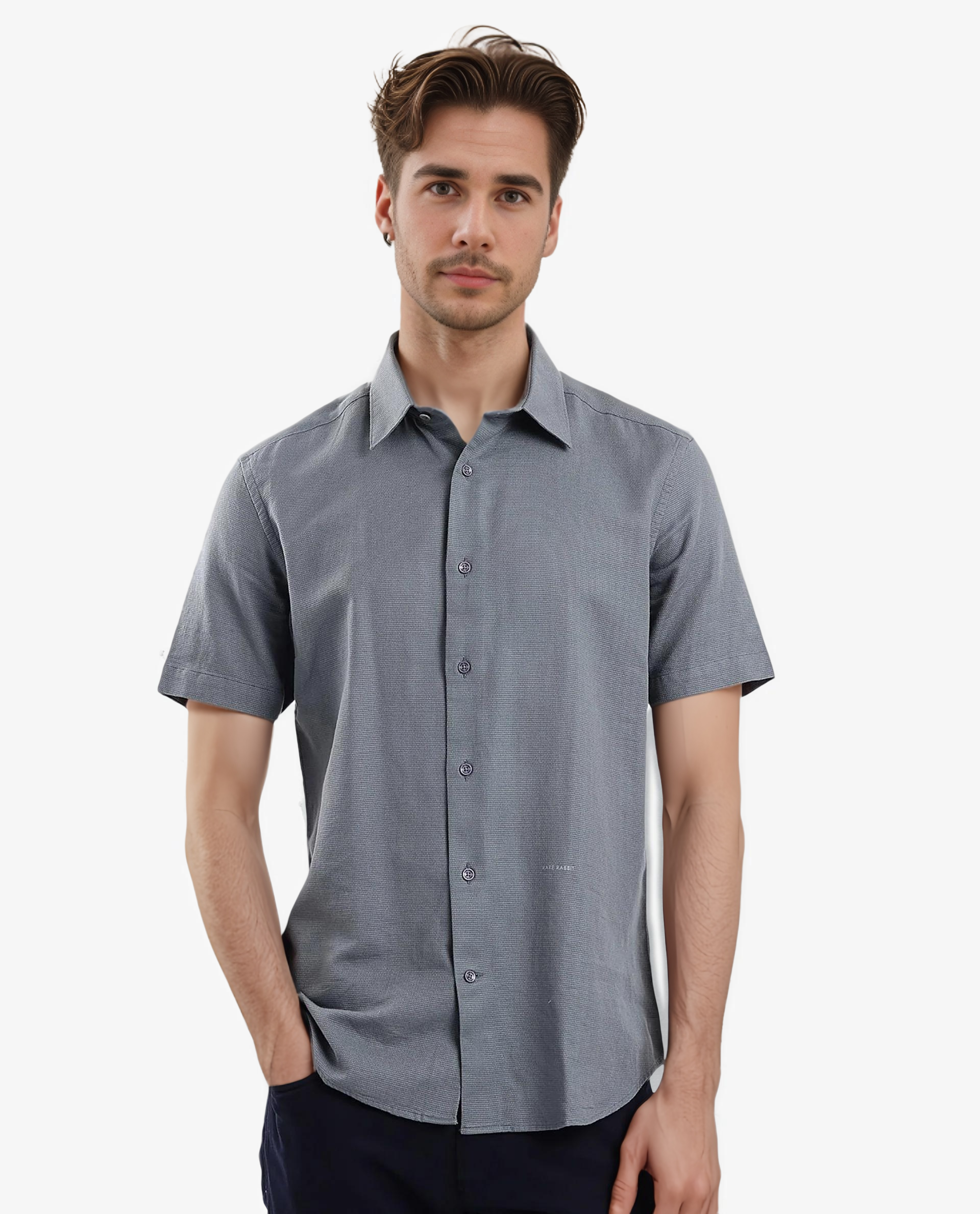 Rare Rabbit Men Matto-1 Dusky Petrol Cotton Fabric Short Sleeve Regular Fit Self Stripe Dobby Shirt